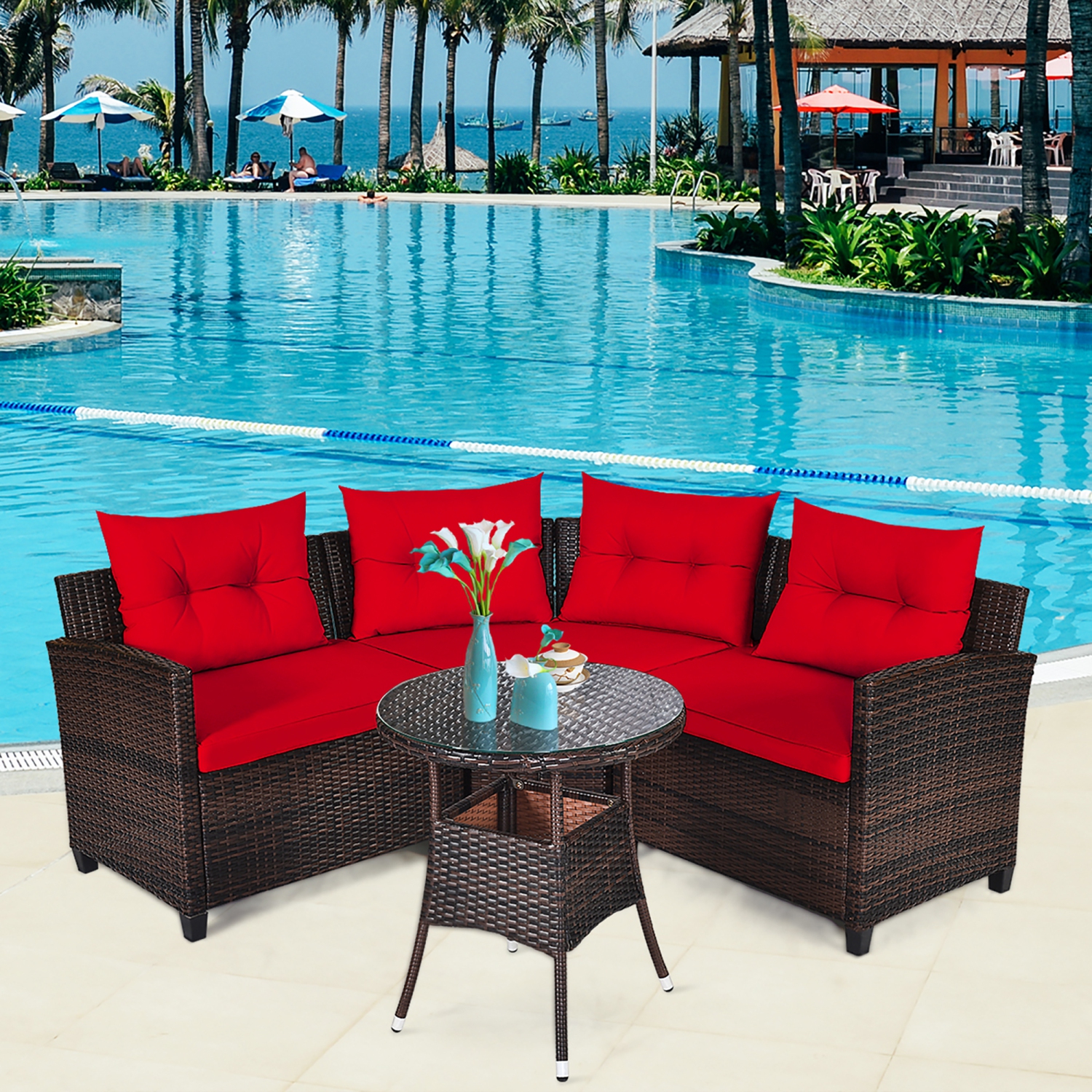 Costway 4PCS Outdoor Patio Rattan Furniture Set Cushioned Sofa Table