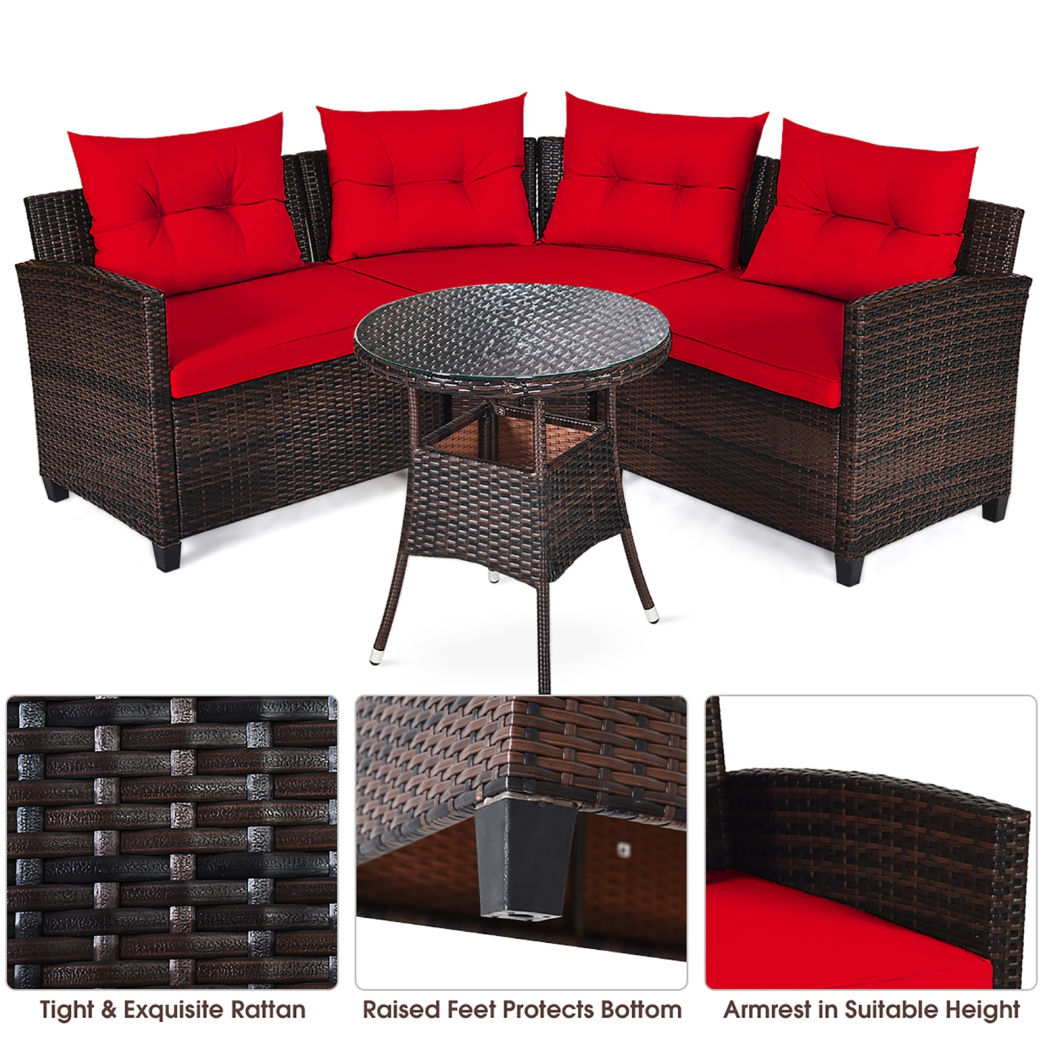 Costway 4PCS Outdoor Patio Rattan Furniture Set Cushioned Sofa Table