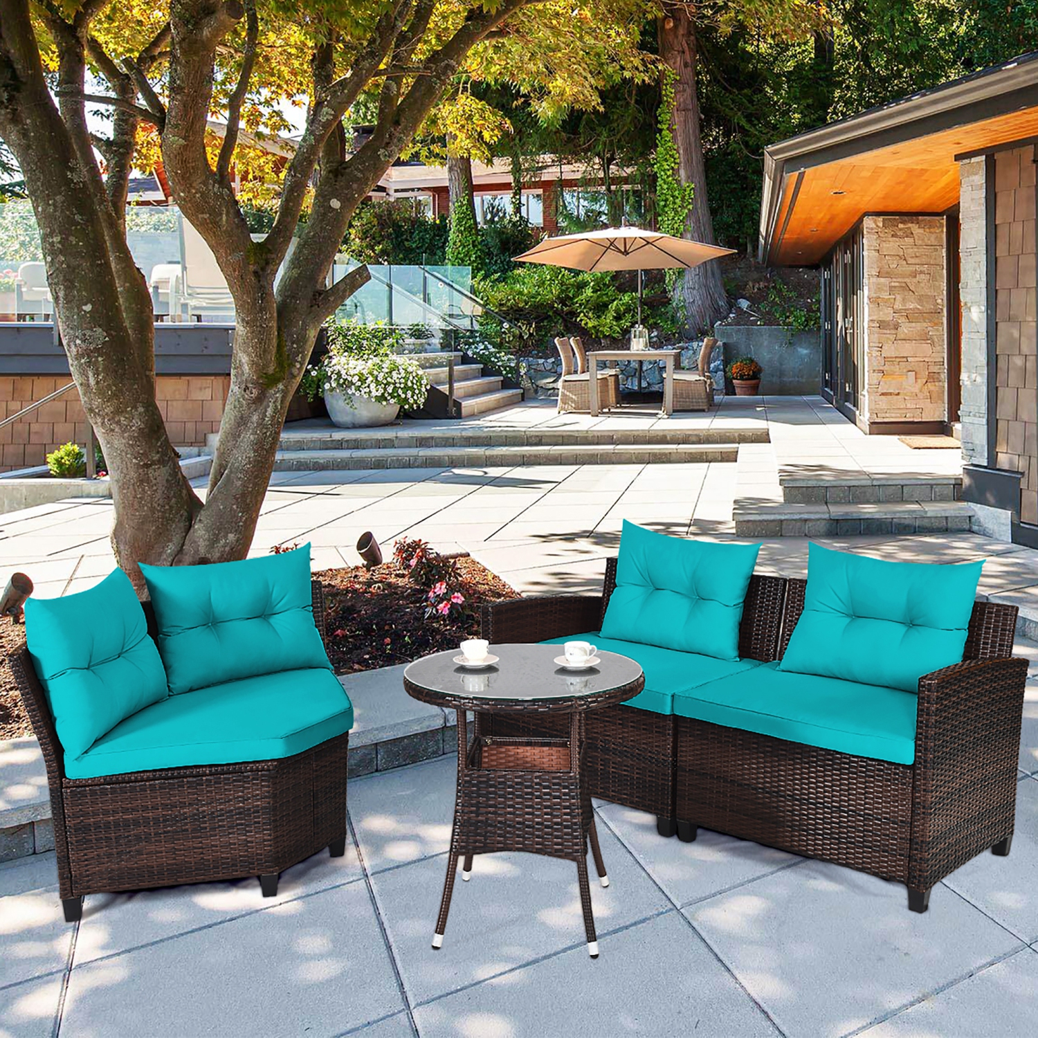 Ensemble de patio de 4 pièces en rotin avec table de salon rembourrée de Costway