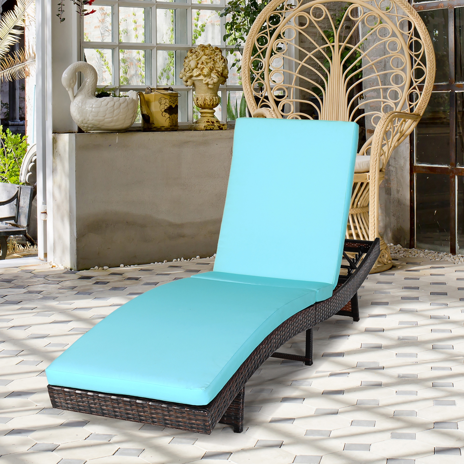 COSTWAY – Chaise Longue de Jardin en Osier Pliable et Réglable avec Matelas Turquoise