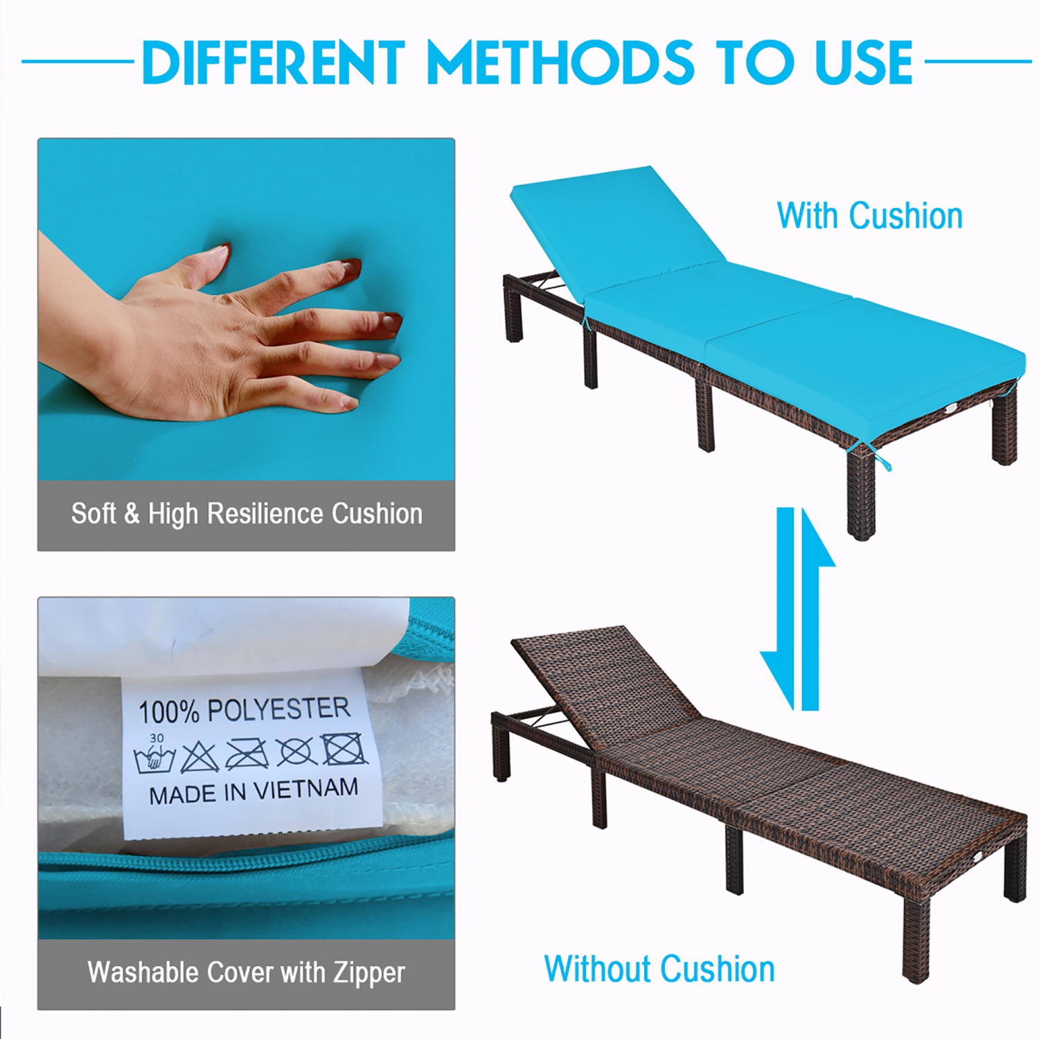 Costway Outdoor Rattan Lounge Chair Chaise Recliner Adjustable Cushioned Patio Turquoise