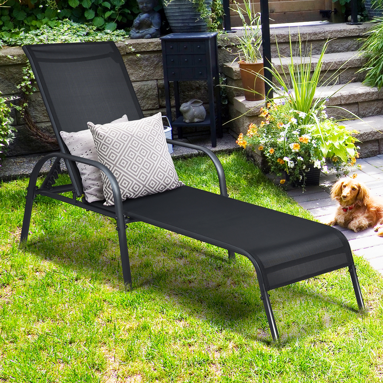 Costway 2PCS Outdoor Patio Lounge Chair Chaise Fabric Adjustable Reclining Armrest Black