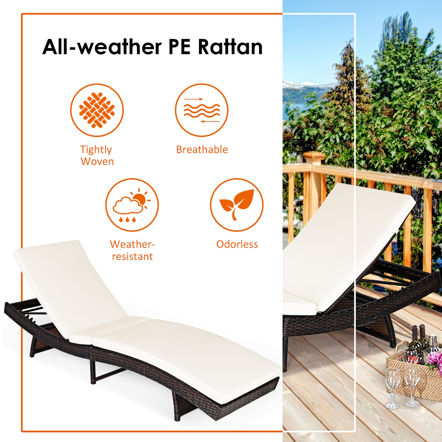 Costway 2PCS Patio Rattan Folding Lounge Chair Chaise Adjustable W/Cushion