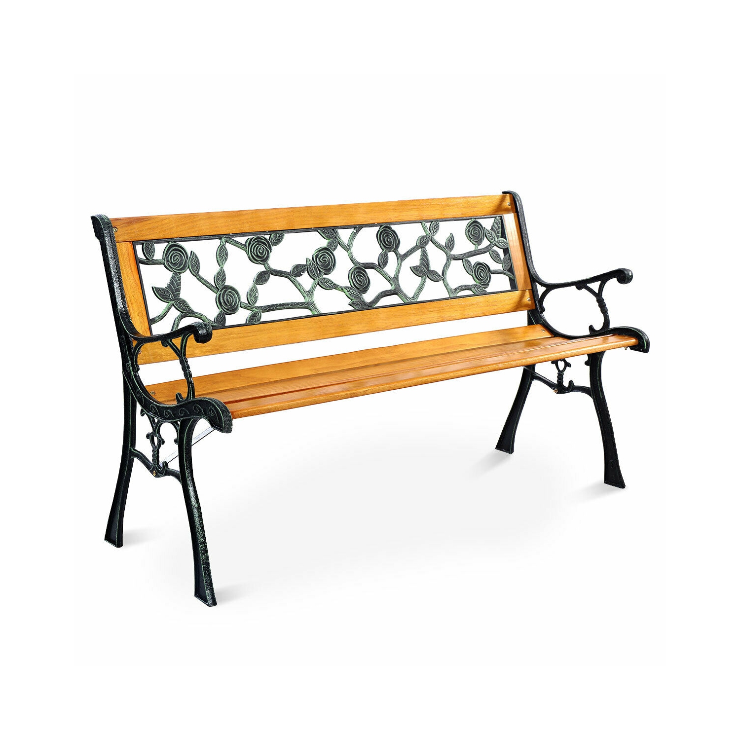 Costway Patio Park Garden Bench Porch Chair Outdoor Deck Cast Iron Hardwood Rose
