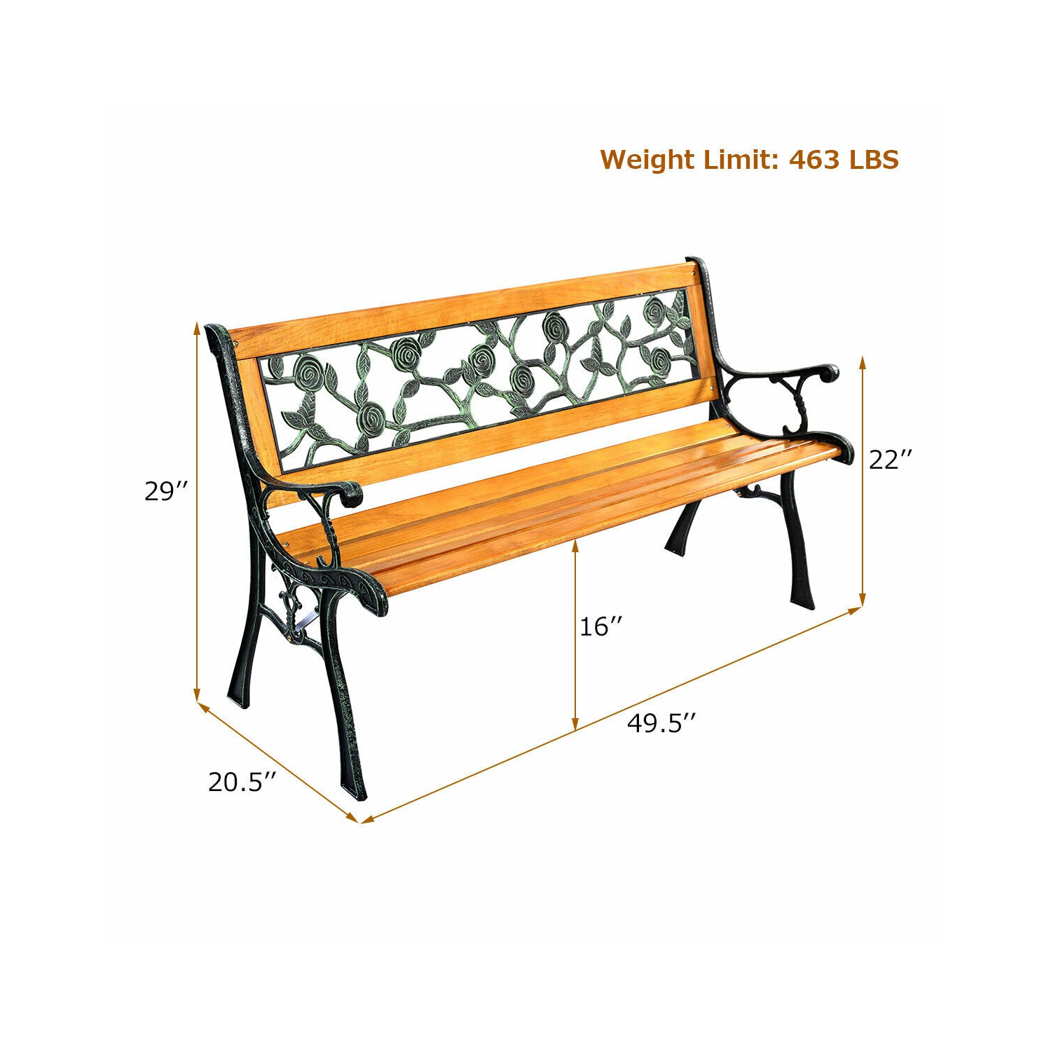 Costway Patio Park Garden Bench Porch Chair Outdoor Deck Cast Iron Hardwood Rose