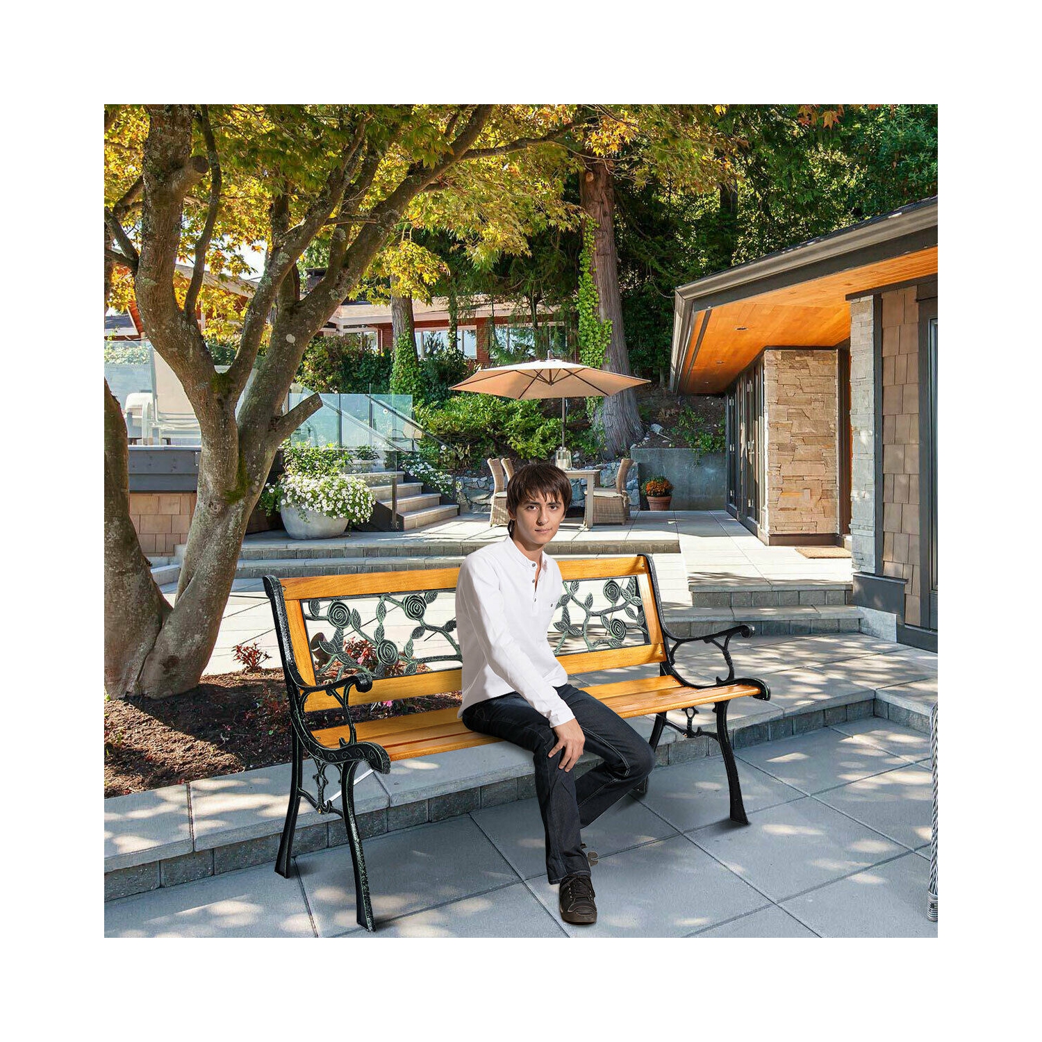 Costway Patio Park Garden Bench Porch Chair Outdoor Deck Cast Iron Hardwood Rose