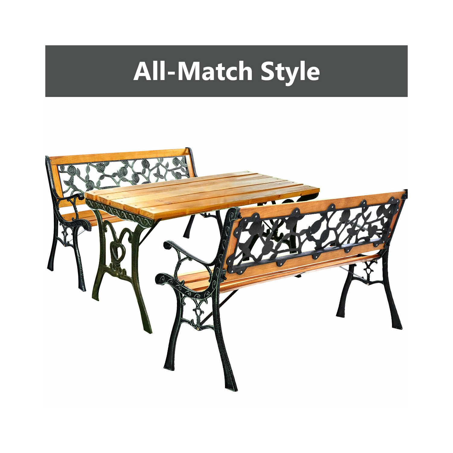 Costway Patio Park Garden Bench Porch Chair Outdoor Deck Cast Iron Hardwood Rose