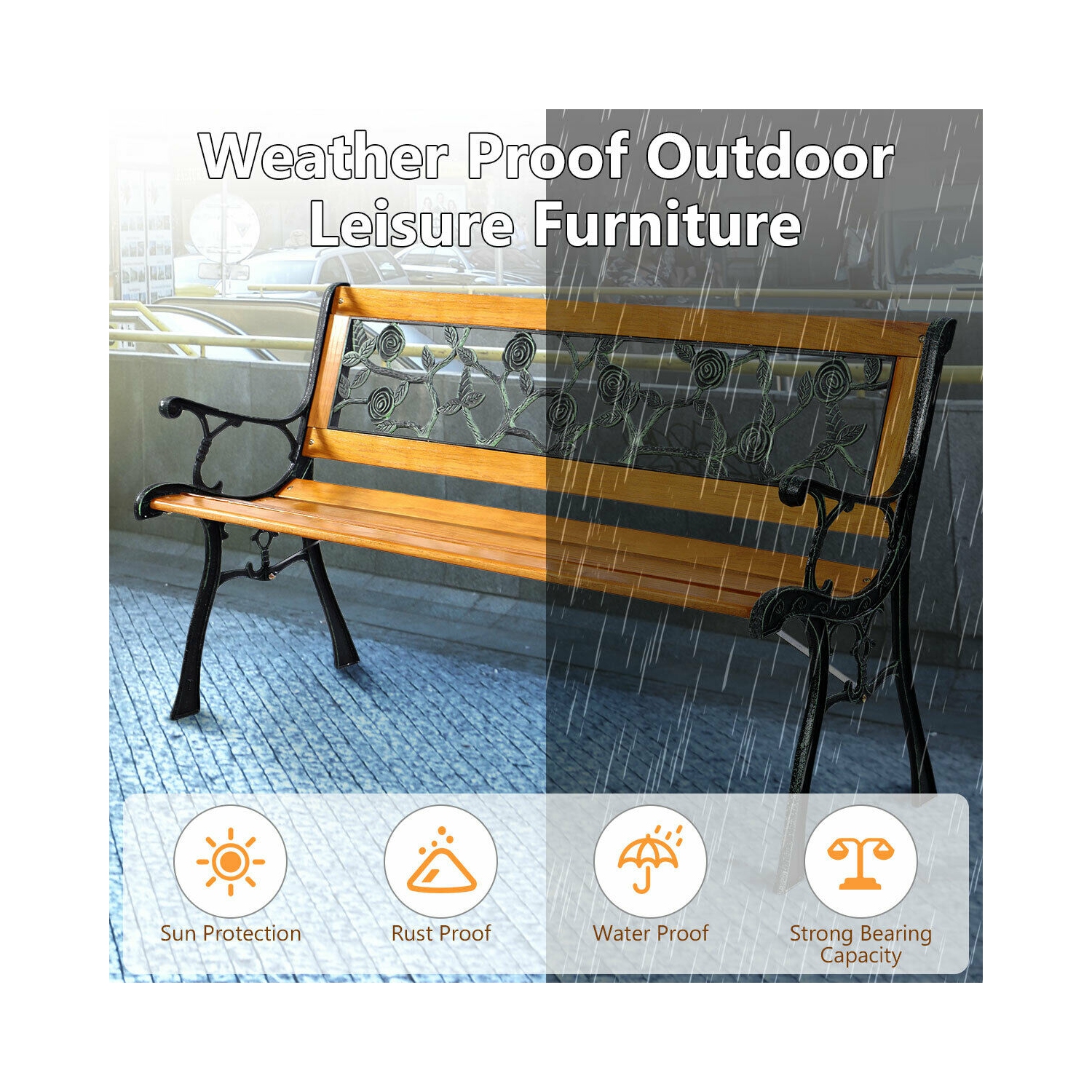 Costway Patio Park Garden Bench Porch Chair Outdoor Deck Cast Iron Hardwood Rose