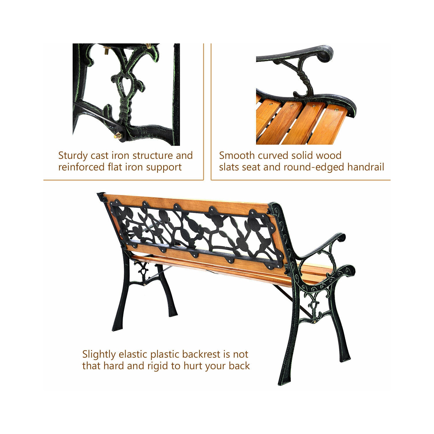 Costway Patio Park Garden Bench Porch Chair Outdoor Deck Cast Iron Hardwood Rose