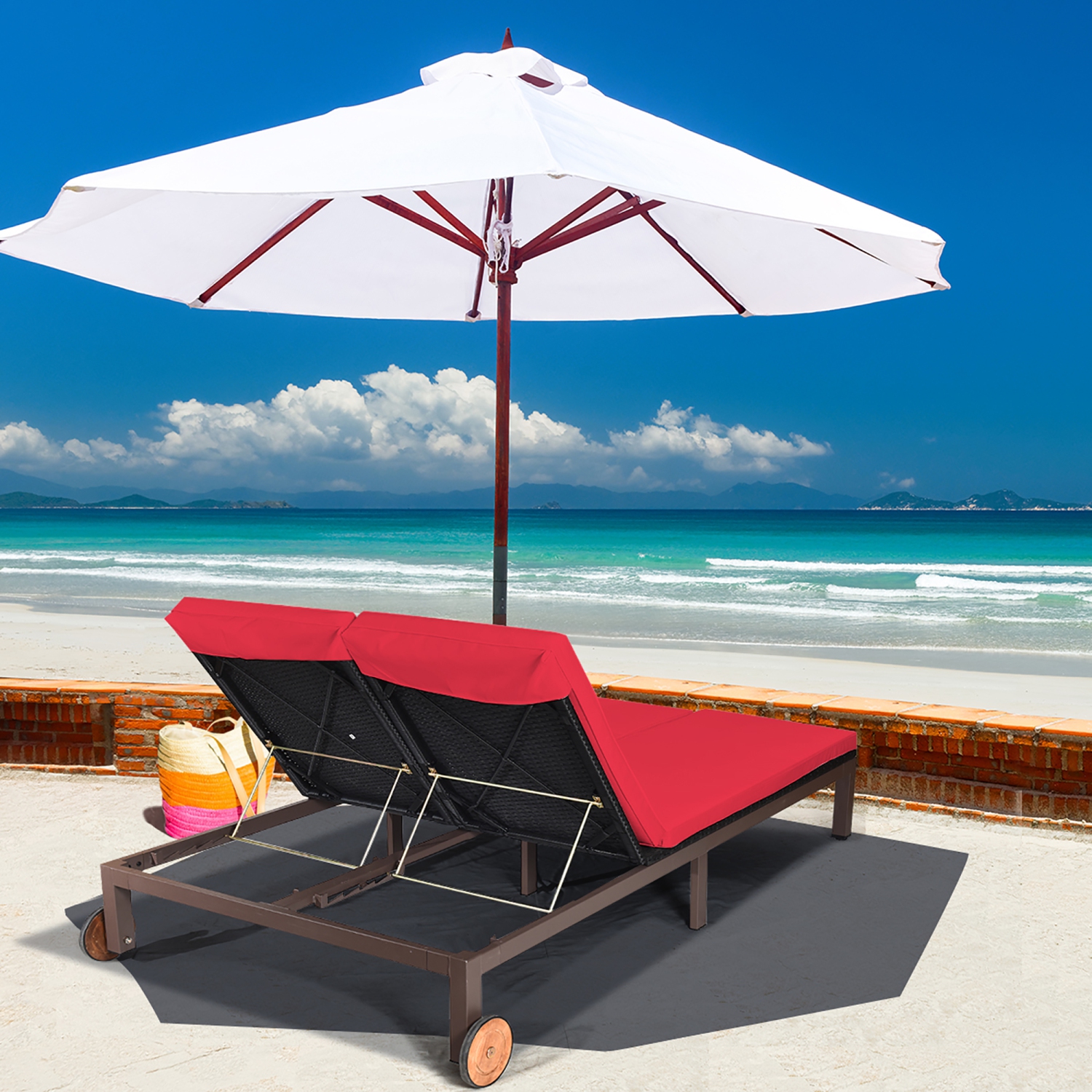 Costway 2-Person Patio Rattan Lounge chair Chaise Recliner Adjustable Cushioned Red