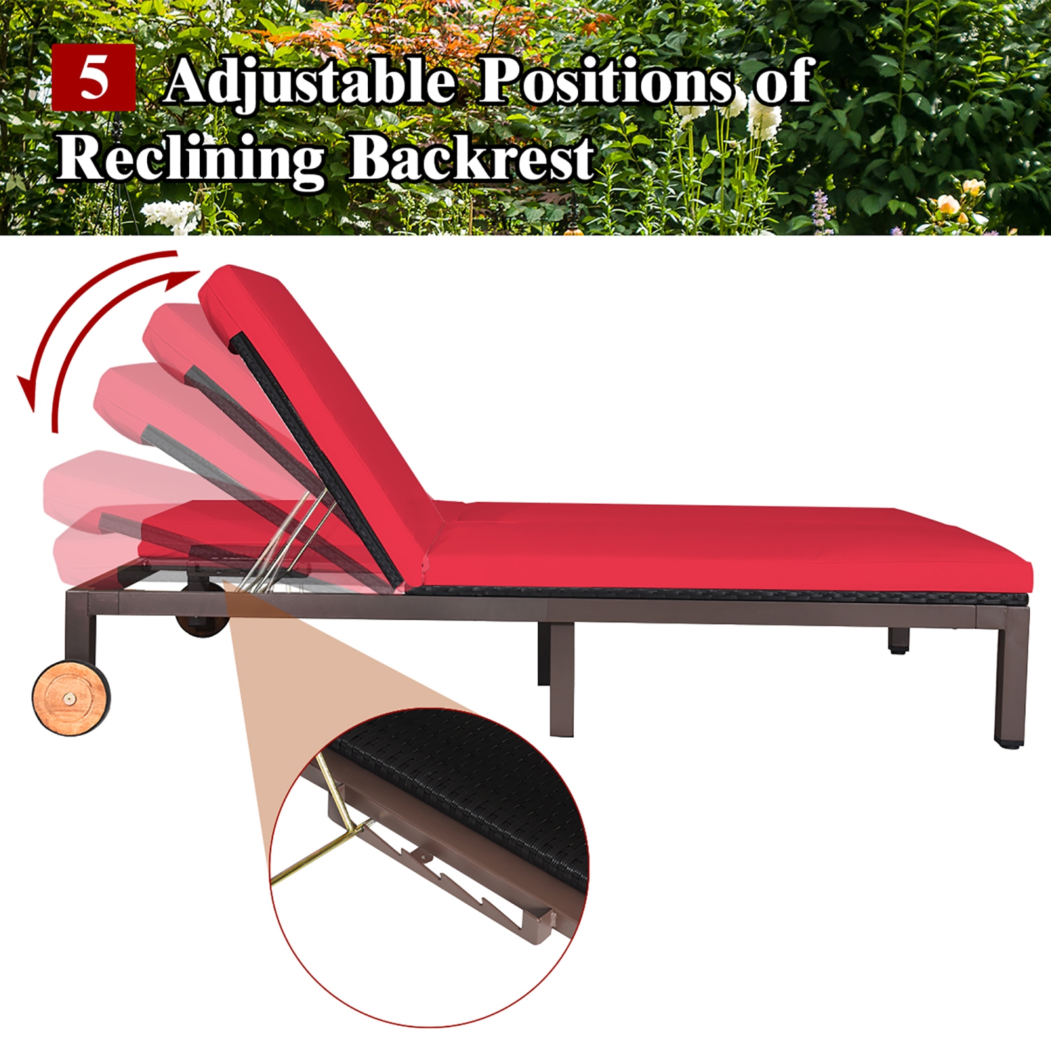 Costway 2-Person Patio Rattan Lounge chair Chaise Recliner Adjustable Cushioned Red