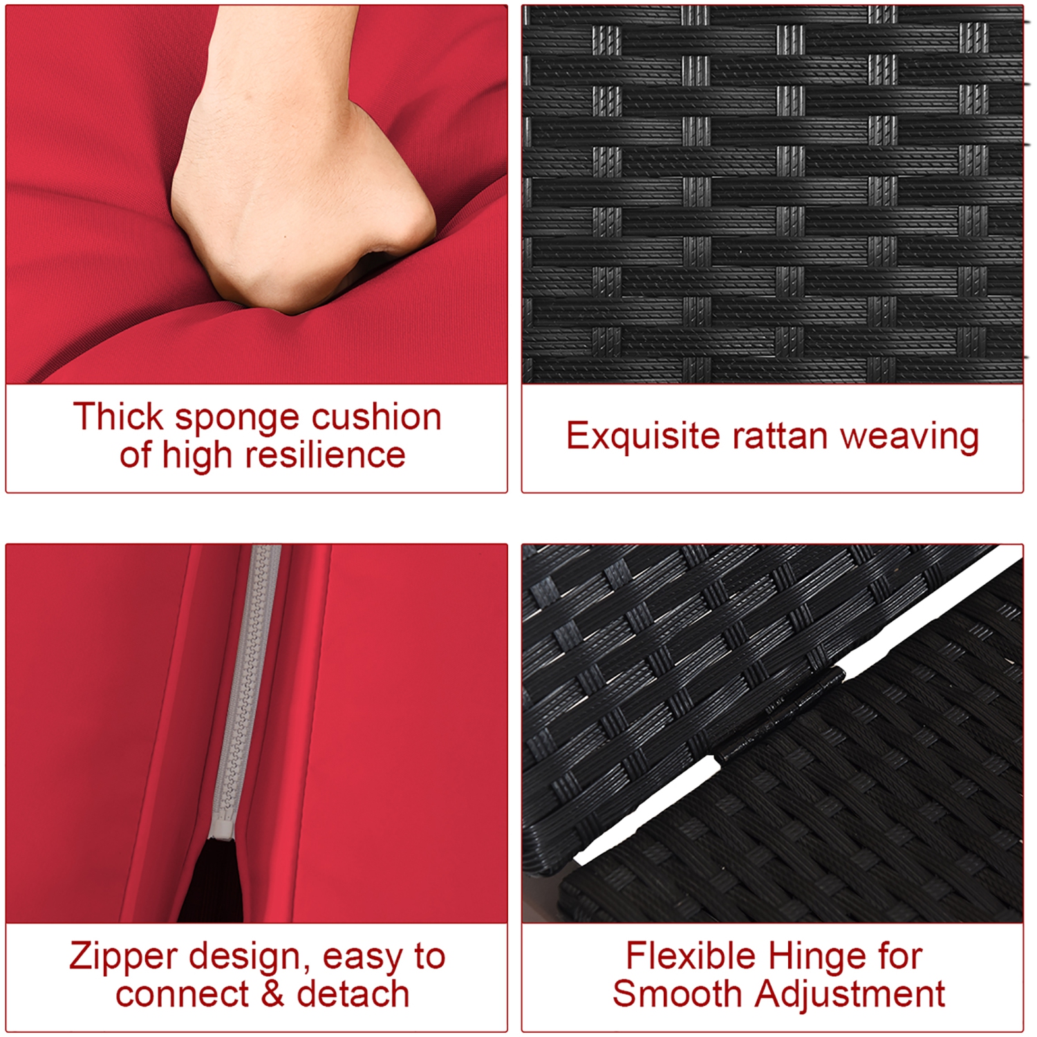 Costway 2-Person Patio Rattan Lounge chair Chaise Recliner Adjustable Cushioned Red