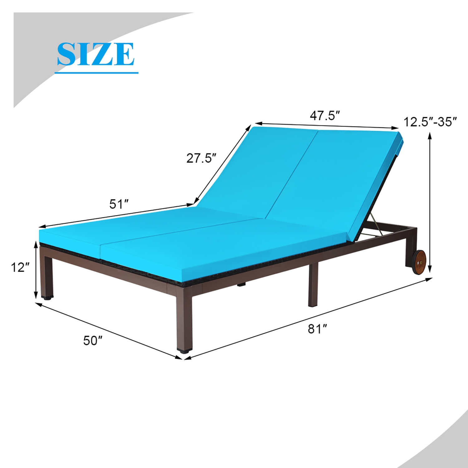 Chaise longue de patio en rotin réglable pour 2 personnes Coussin Costway