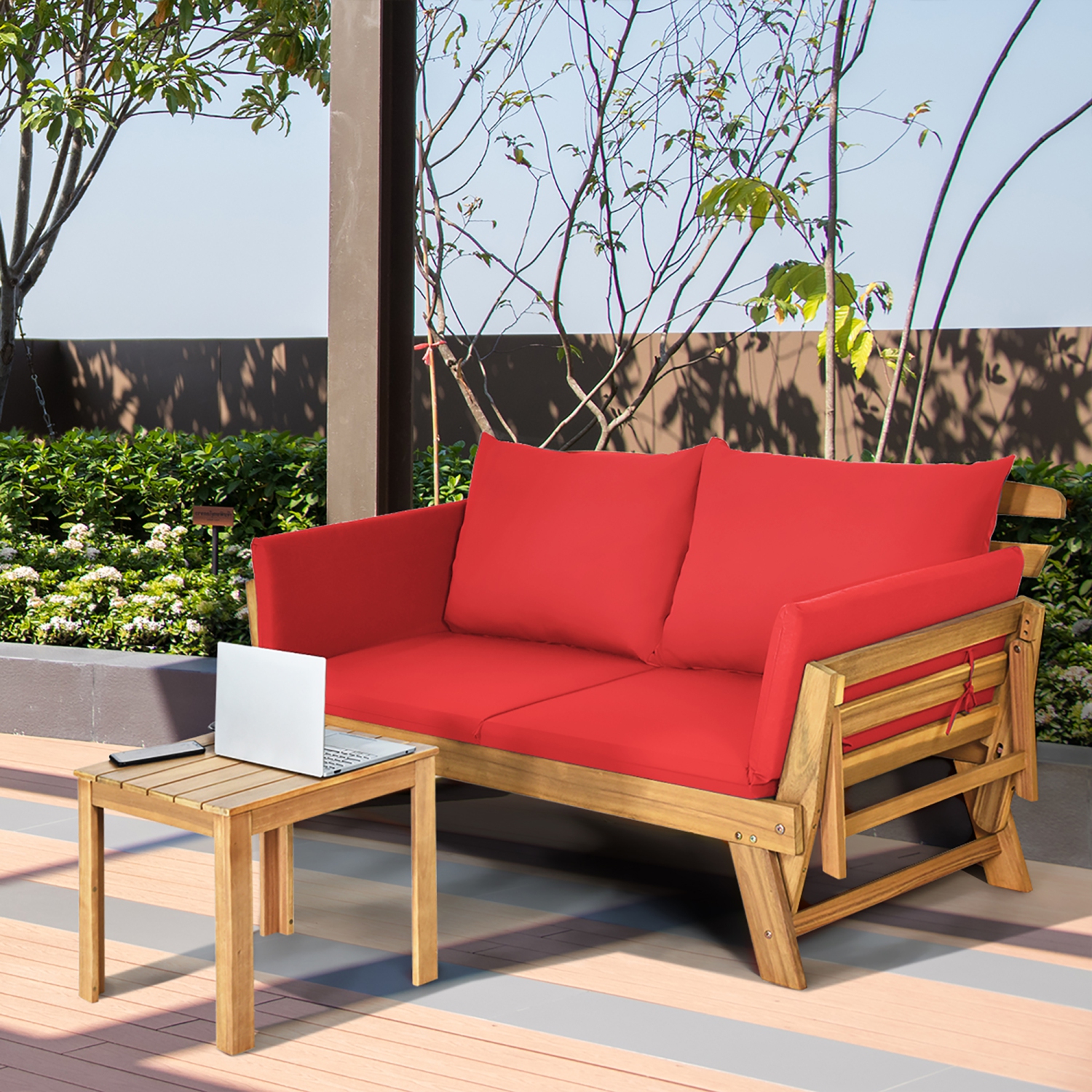 Costway Patio Convertible Sofa Daybed Solid Wood Adjustable Furniture Thick Cushion Red