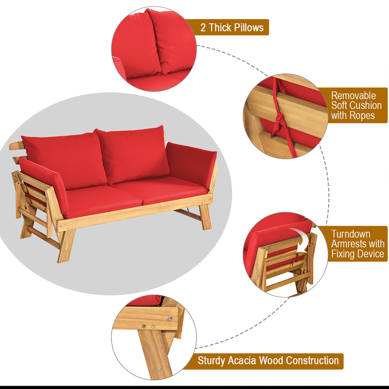 Costway Patio Convertible Sofa Daybed Solid Wood Adjustable Furniture Thick Cushion Red