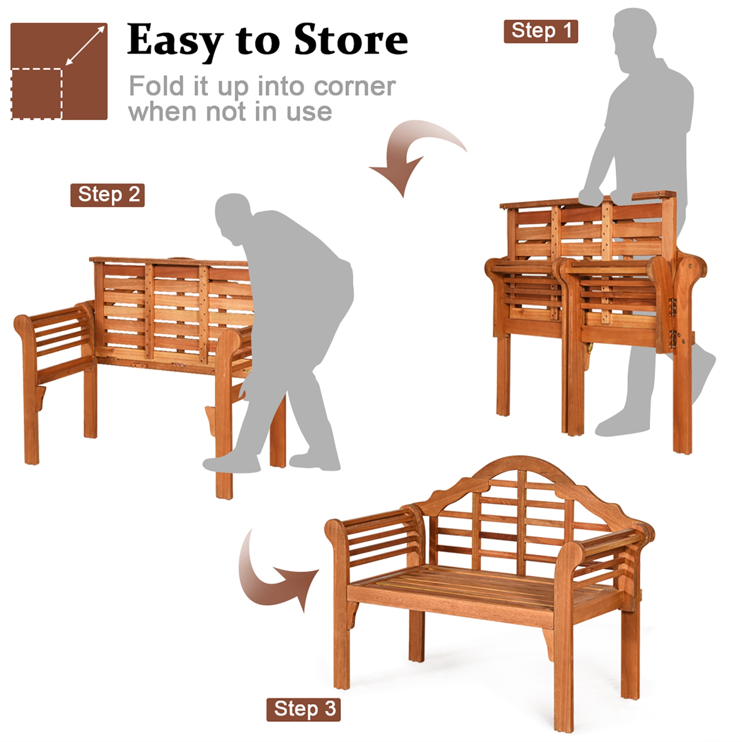 Costway 49'' Outdoor Folding Bench Eucalyptus Wood Backrest Armrest Patio Garden