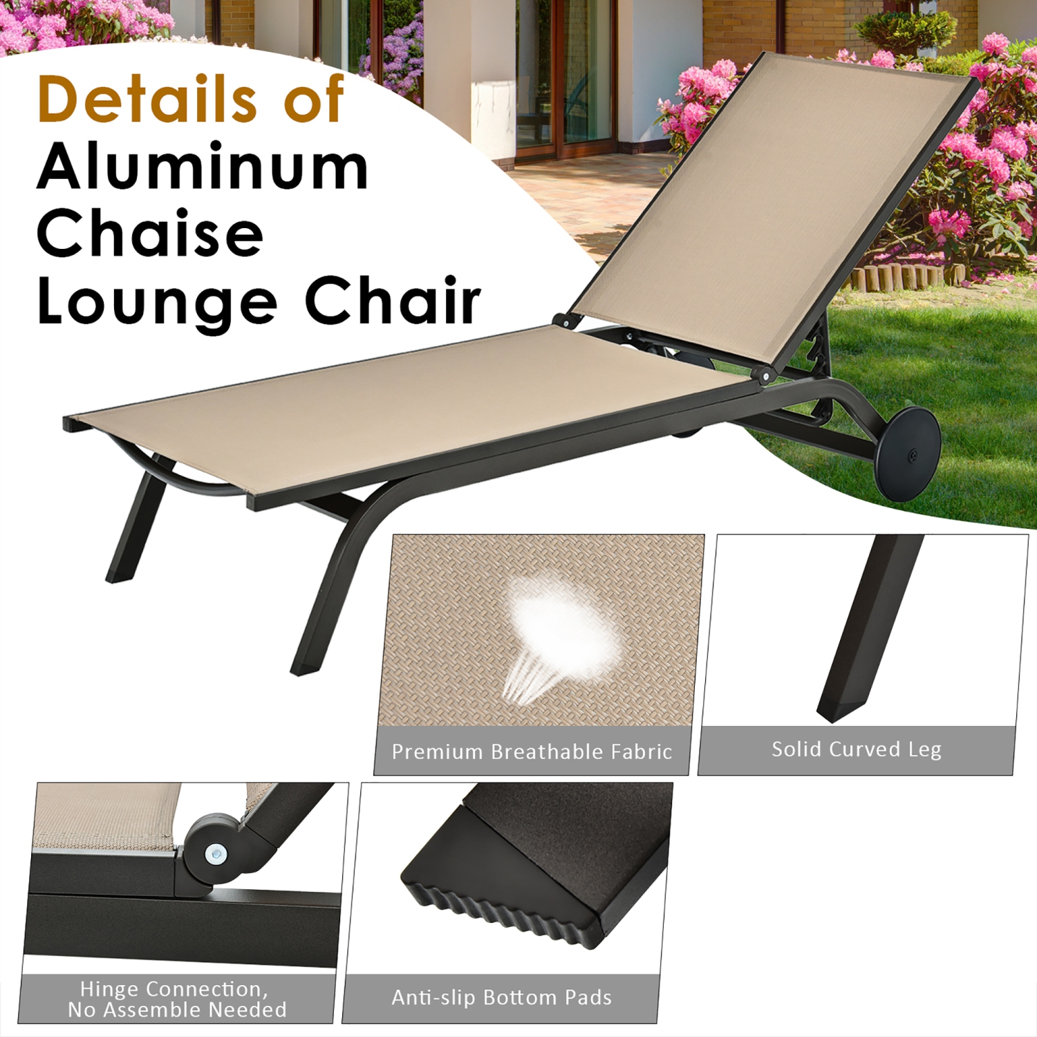 Costway 2PCS Outdoor Patio Lounge Chair Chaise Recliner Aluminum Fabric Adjustable