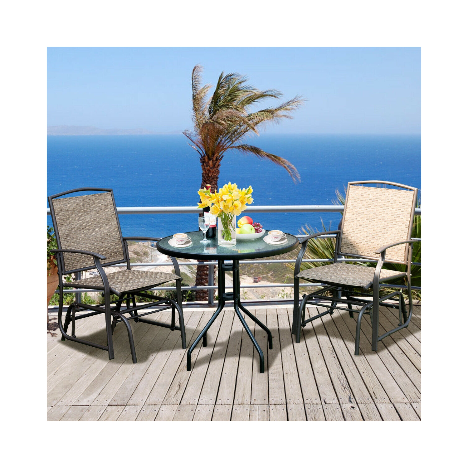 Costway 2PCS Patio Swing Single Glider Chair Rocking Seating Steel Frame Garden Brown