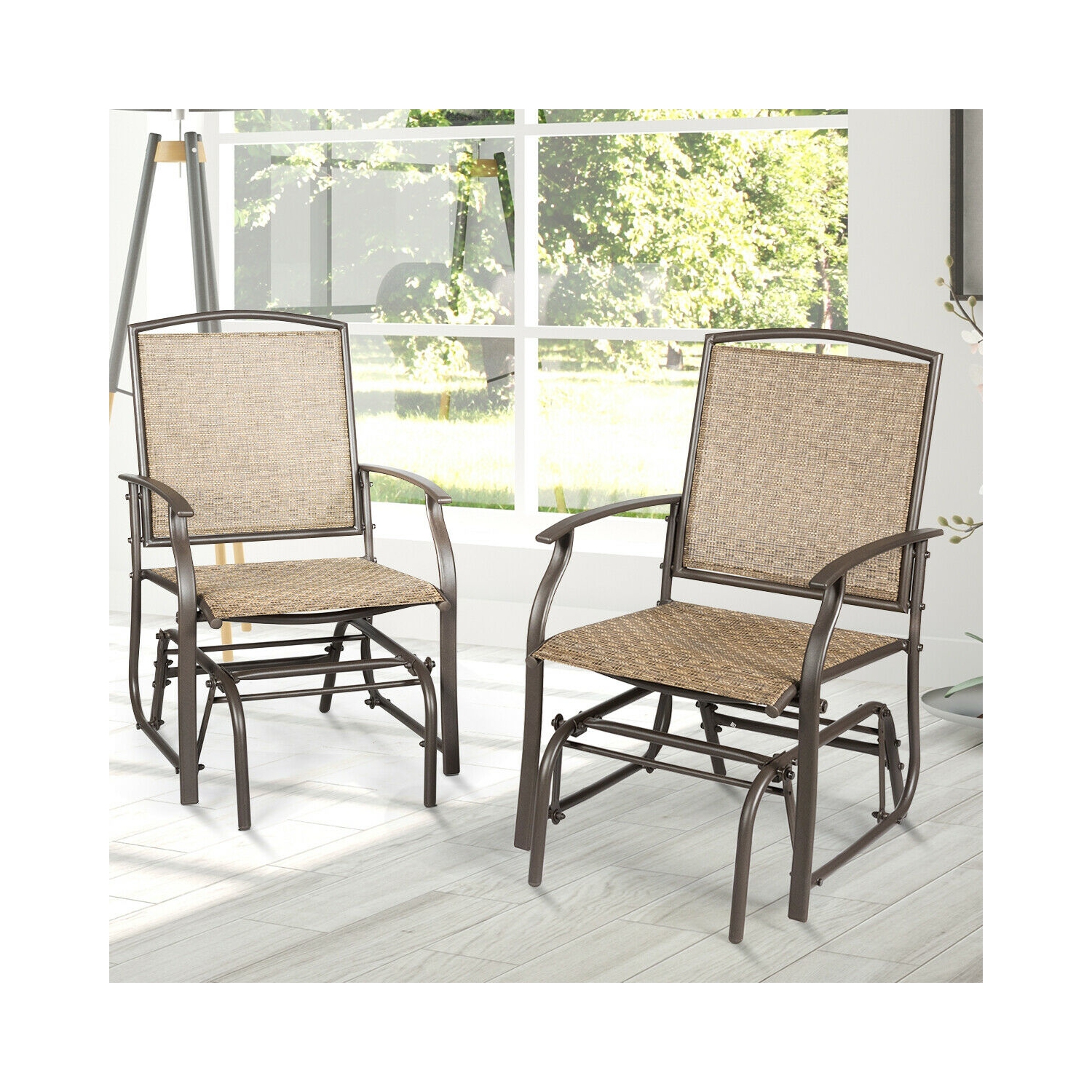 Costway 2PCS Patio Swing Single Glider Chair Rocking Seating Steel Frame Garden Brown