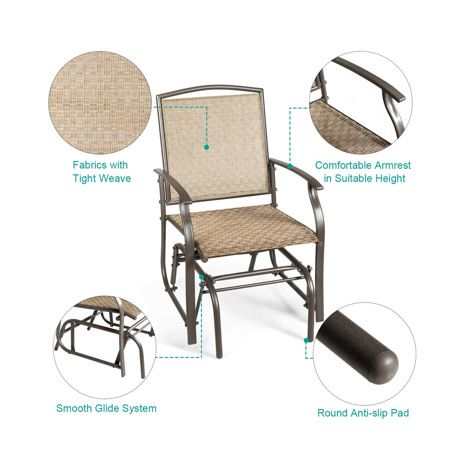 Costway 2PCS Patio Swing Single Glider Chair Rocking Seating Steel Frame Garden Brown