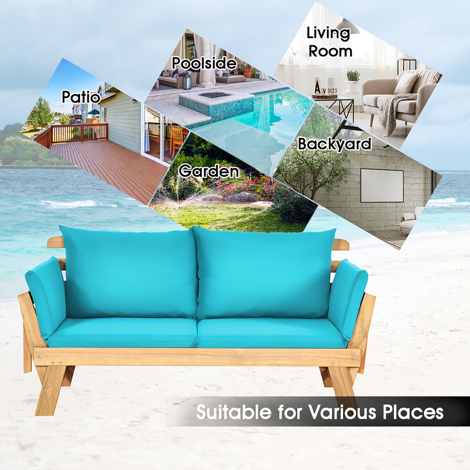 Costway Patio Convertible Sofa Daybed Solid Wood Adjustable Thick Cushion