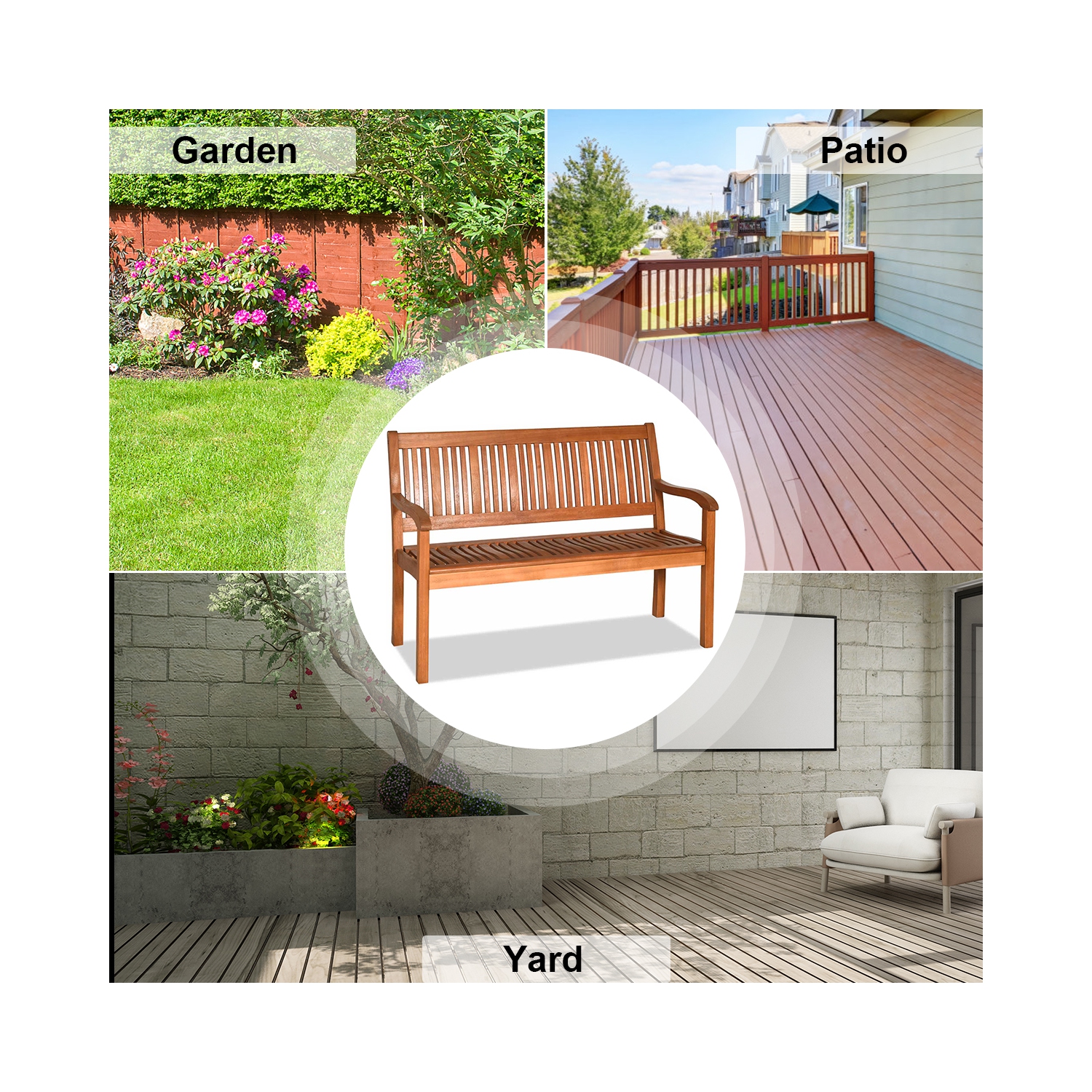 Costway 50'' Two Person Outdoor Garden Bench Loveseat Porch Chair Solid Wood W/Armrest