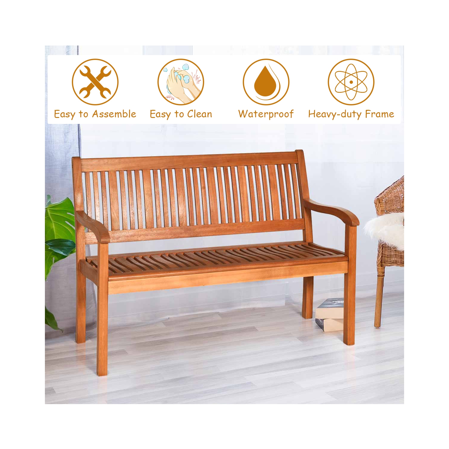 Costway 50'' Two Person Outdoor Garden Bench Loveseat Porch Chair Solid Wood W/Armrest