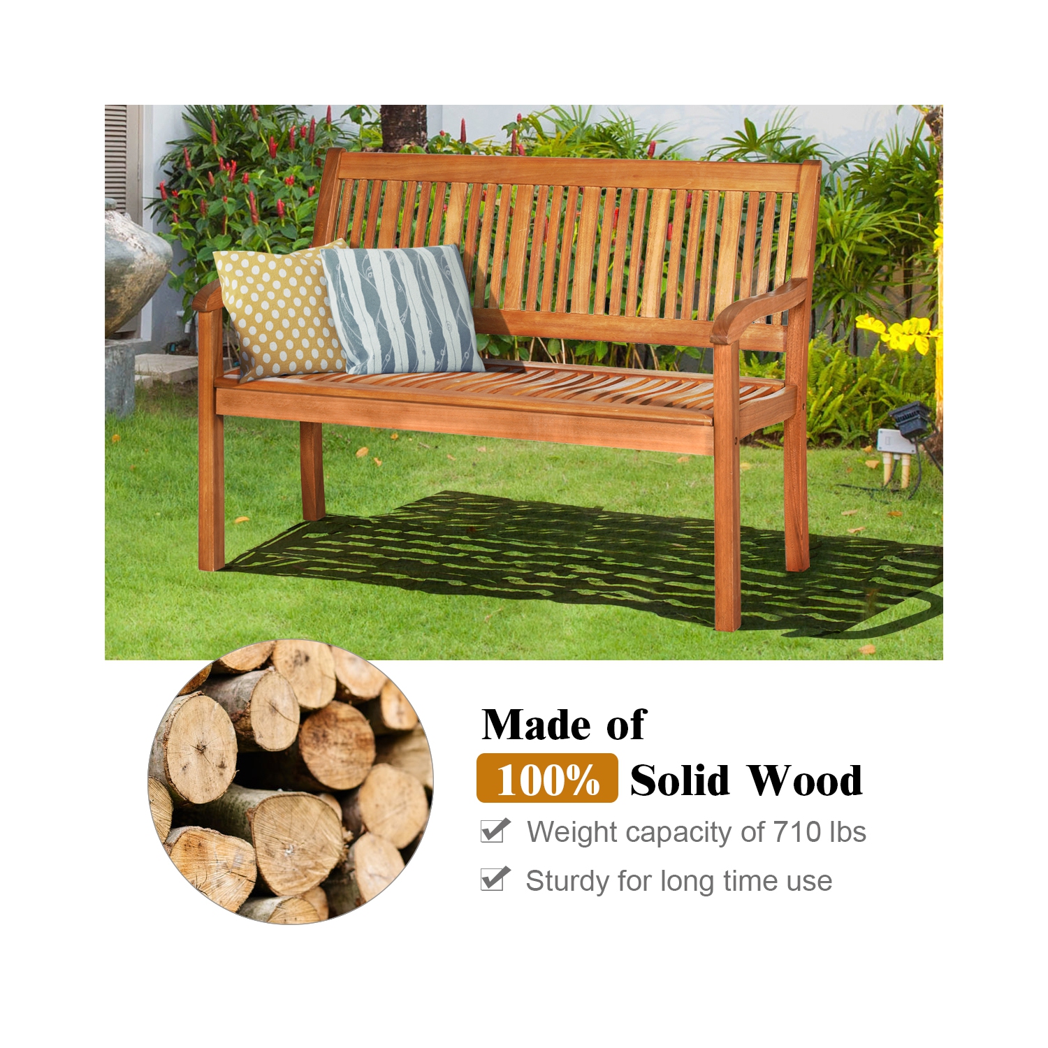 Costway 50'' Two Person Outdoor Garden Bench Loveseat Porch Chair Solid Wood W/Armrest