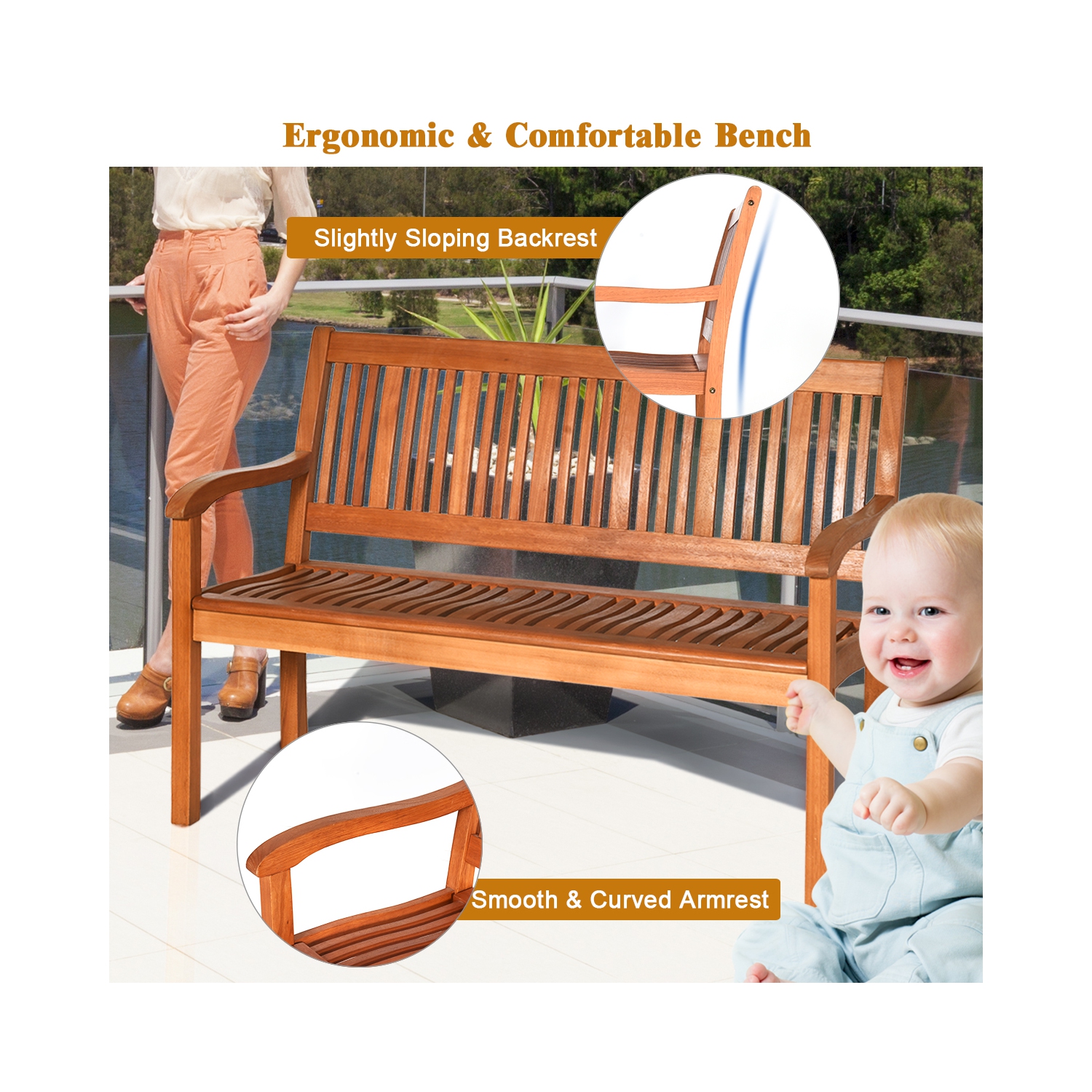 Costway 50'' Two Person Outdoor Garden Bench Loveseat Porch Chair Solid Wood W/Armrest