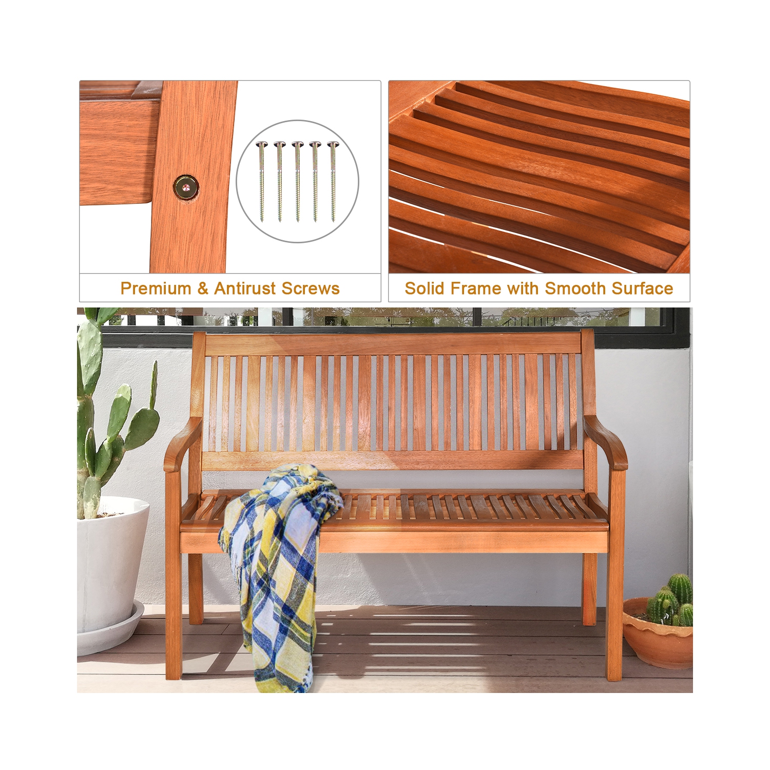 Costway 50'' Two Person Outdoor Garden Bench Loveseat Porch Chair Solid Wood W/Armrest