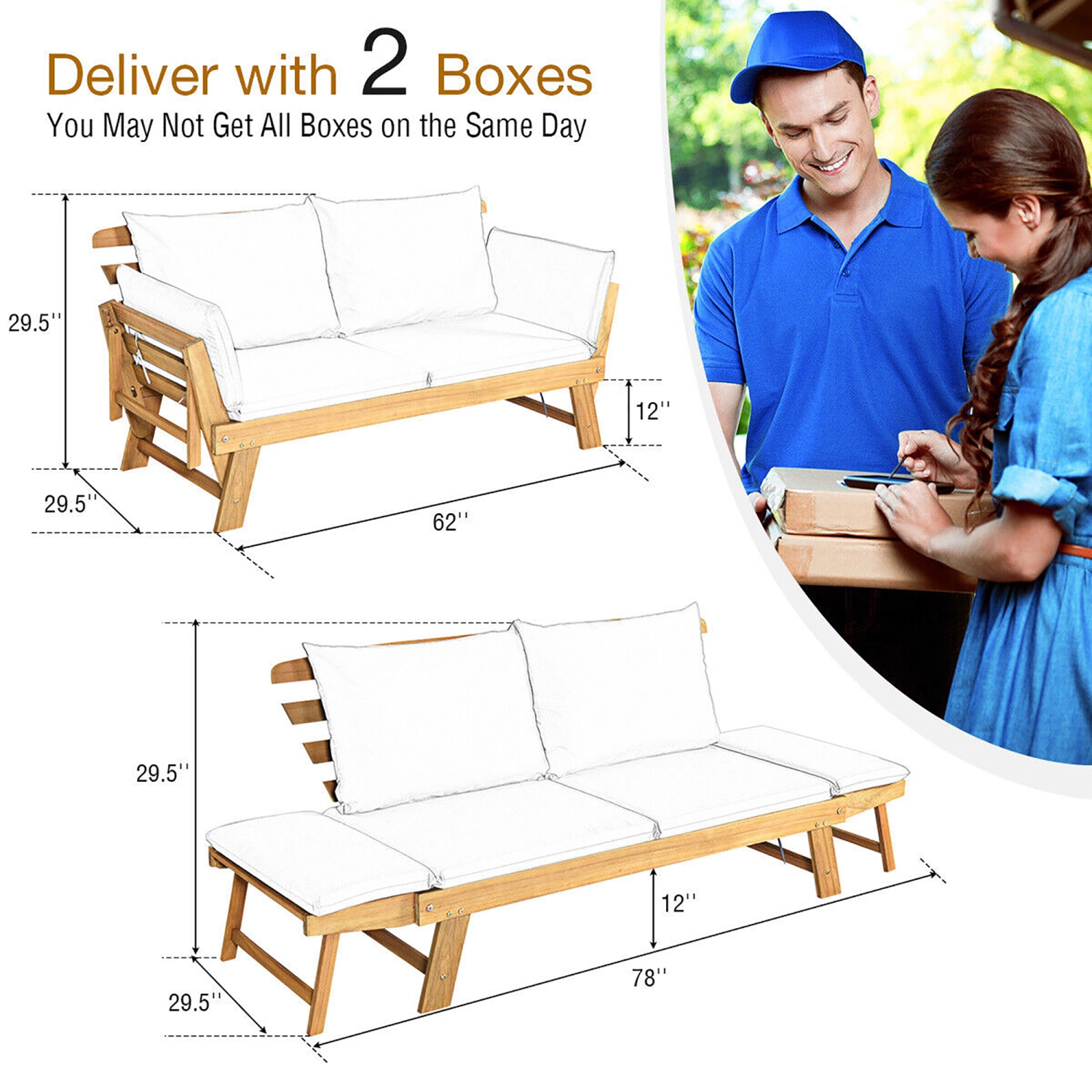 Costway Patio Convertible Sofa Daybed Solid Wood Adjustable Thick Cushion