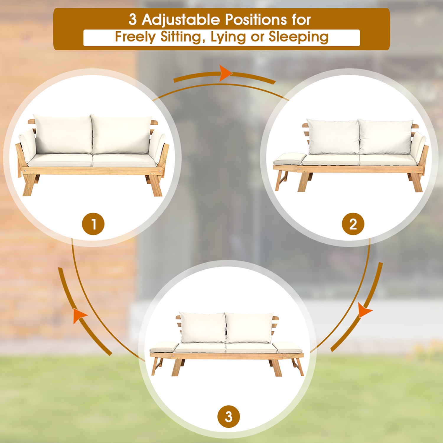 Costway Patio Convertible Sofa Daybed Solid Wood Adjustable Thick Cushion