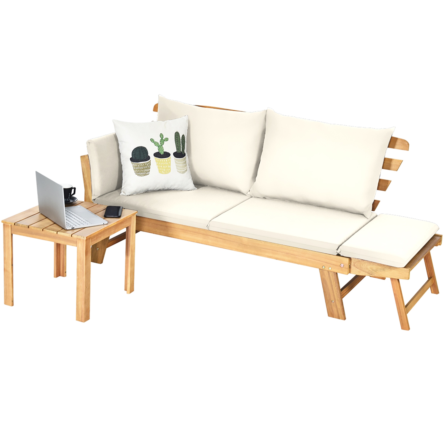 Costway Patio Convertible Sofa Daybed Solid Wood Adjustable Thick Cushion