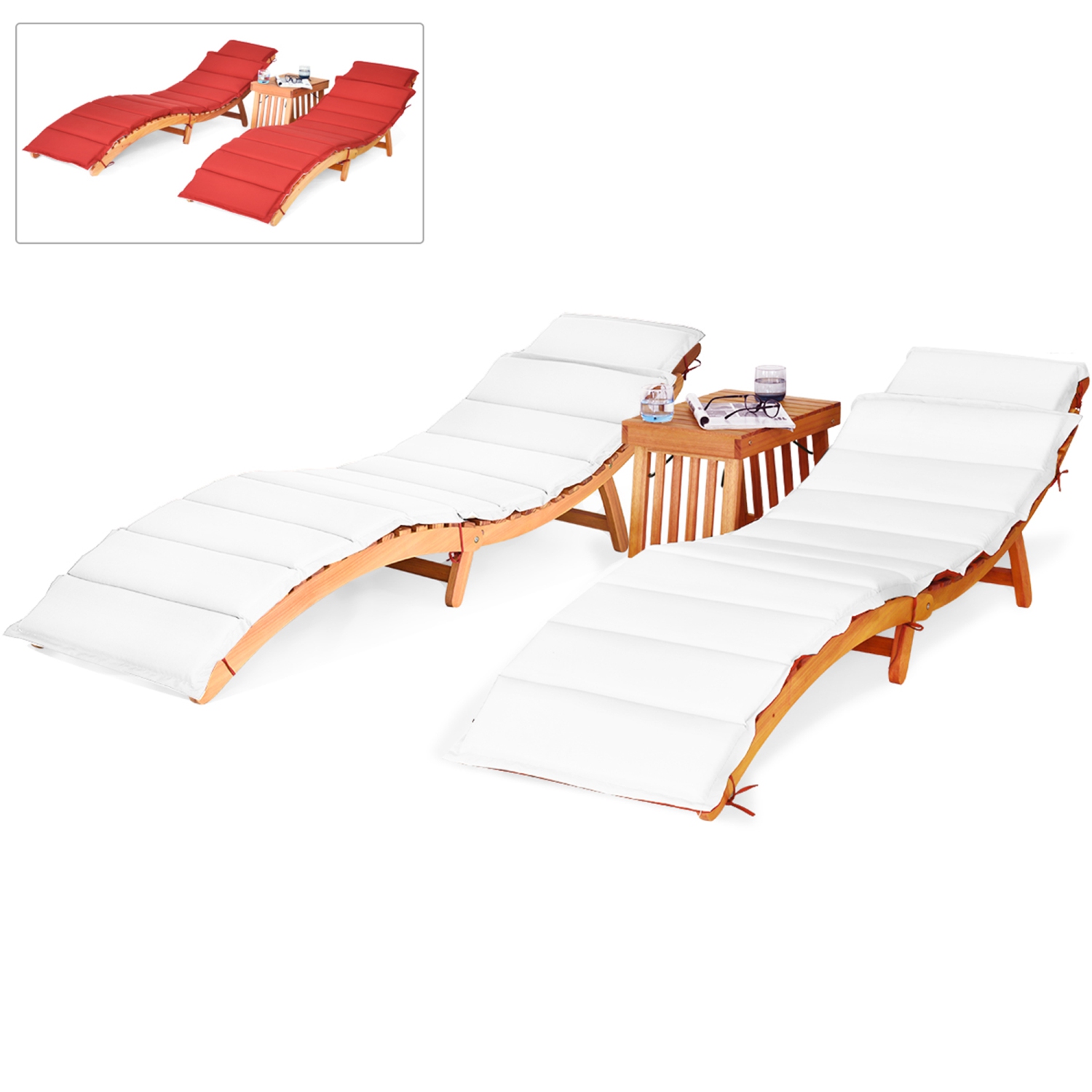 Costway 3PCS Wooden Folding Lounge Chair Set Cushion Pad Pool Deck