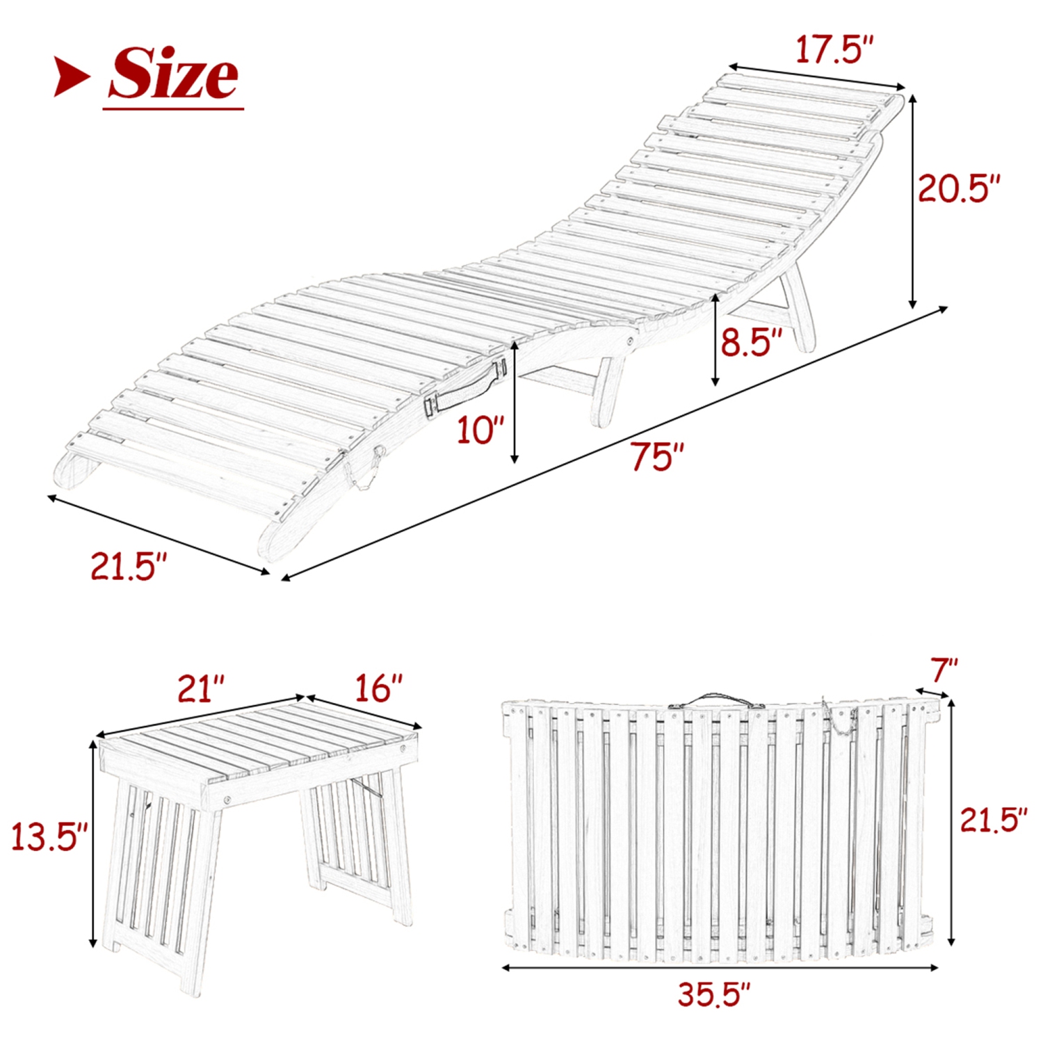 Costway 3PCS Wooden Folding Lounge Chair Set Cushion Pad Pool Deck