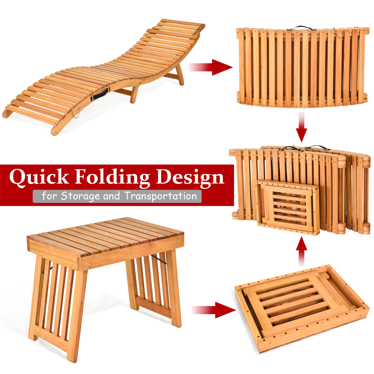 Costway 3PCS Wooden Folding Lounge Chair Set Cushion Pad Pool Deck