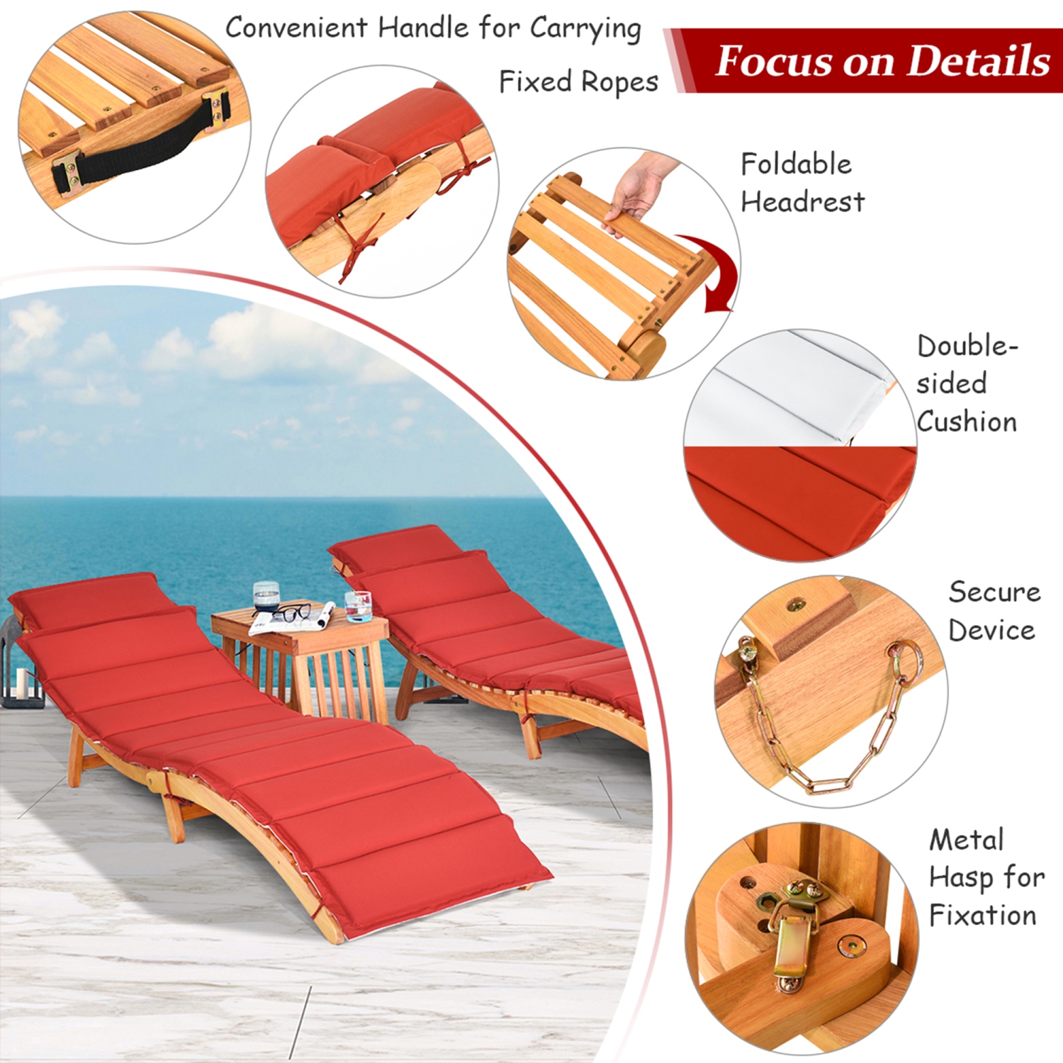 Costway 3PCS Wooden Folding Lounge Chair Set Cushion Pad Pool Deck