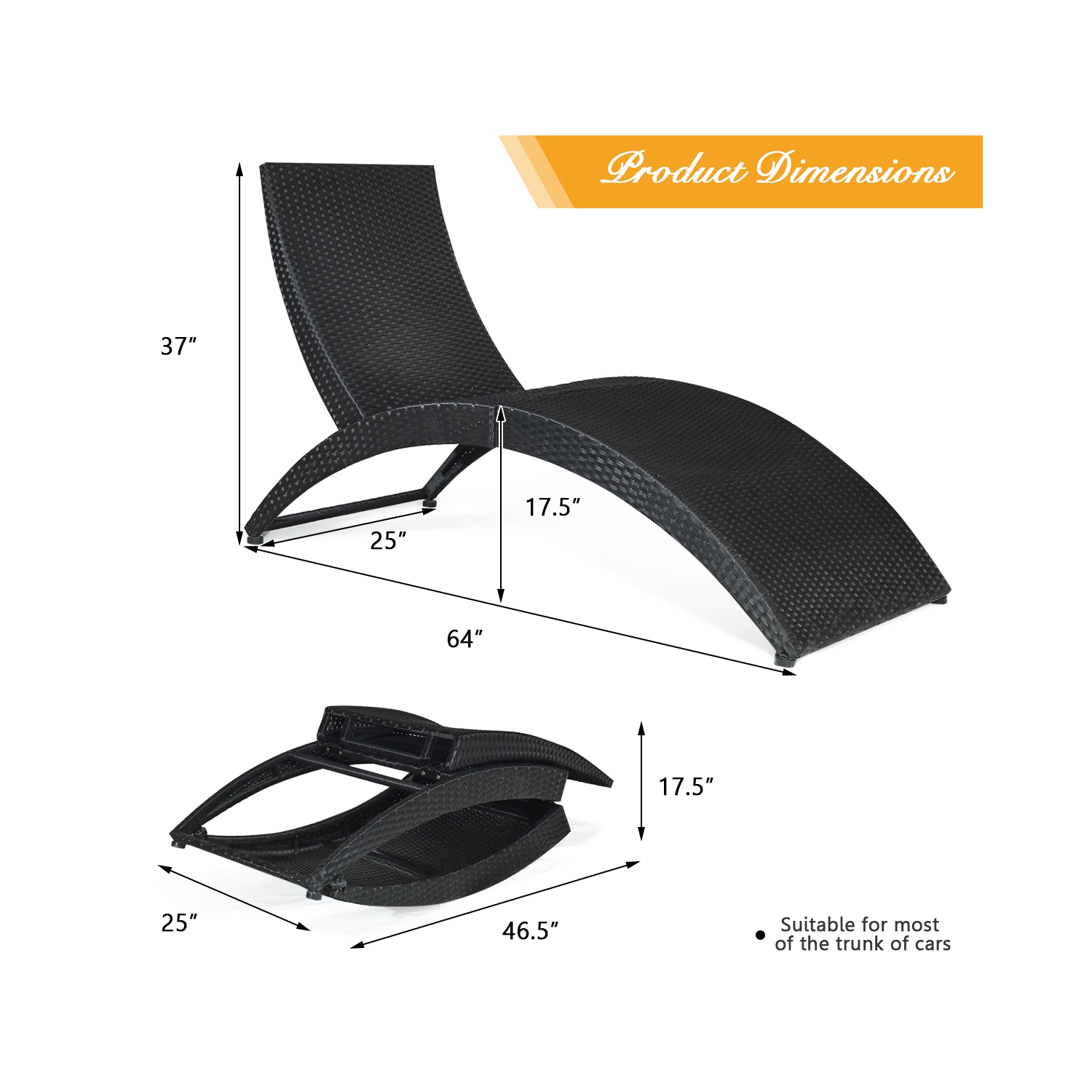 Chaise longue pliante en rotin pour patio Chaise de jardin portative noire Costway