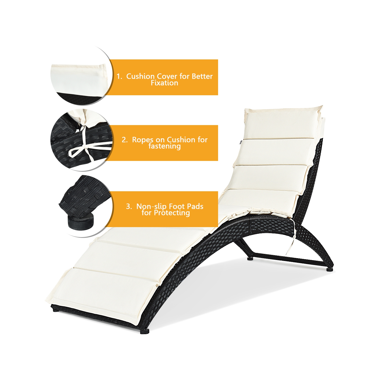 Chaise longue pliante en rotin pour patio Chaise de jardin portative noire Costway