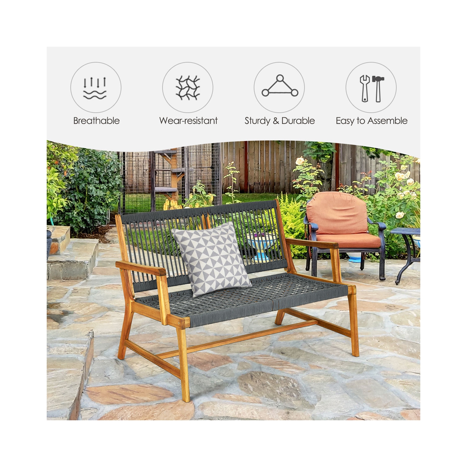 Banc en bois d'acacia pour 2 personnes Costway, chaise de terrasse, mobilier de jardin, noir