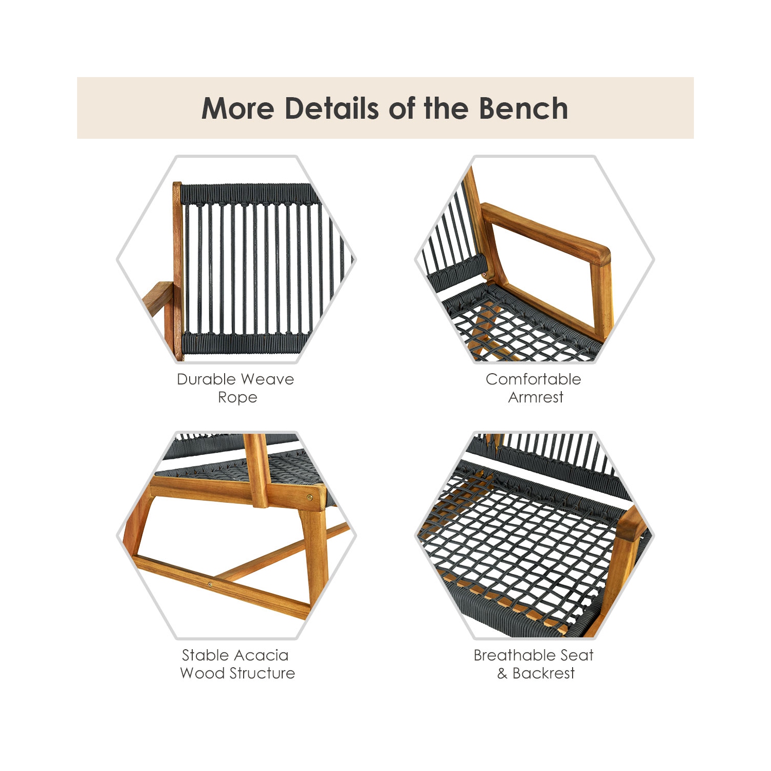 Banc en bois d'acacia pour 2 personnes Costway, chaise de terrasse, mobilier de jardin, noir