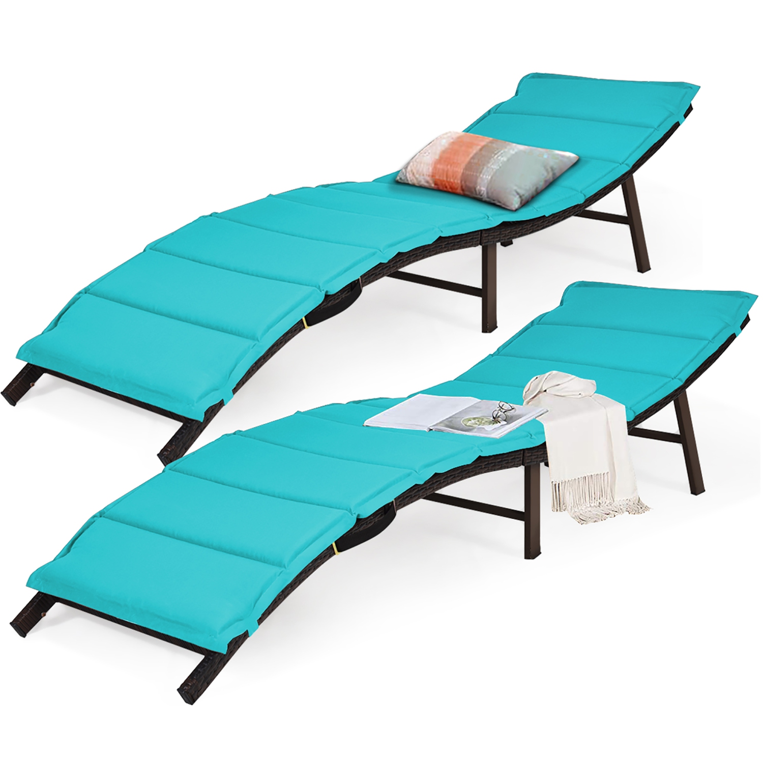 Costway Set de 2 Chaises Longues en Rotin Pliables & Empilables avec Matelas Double-Face Beige/Rouge