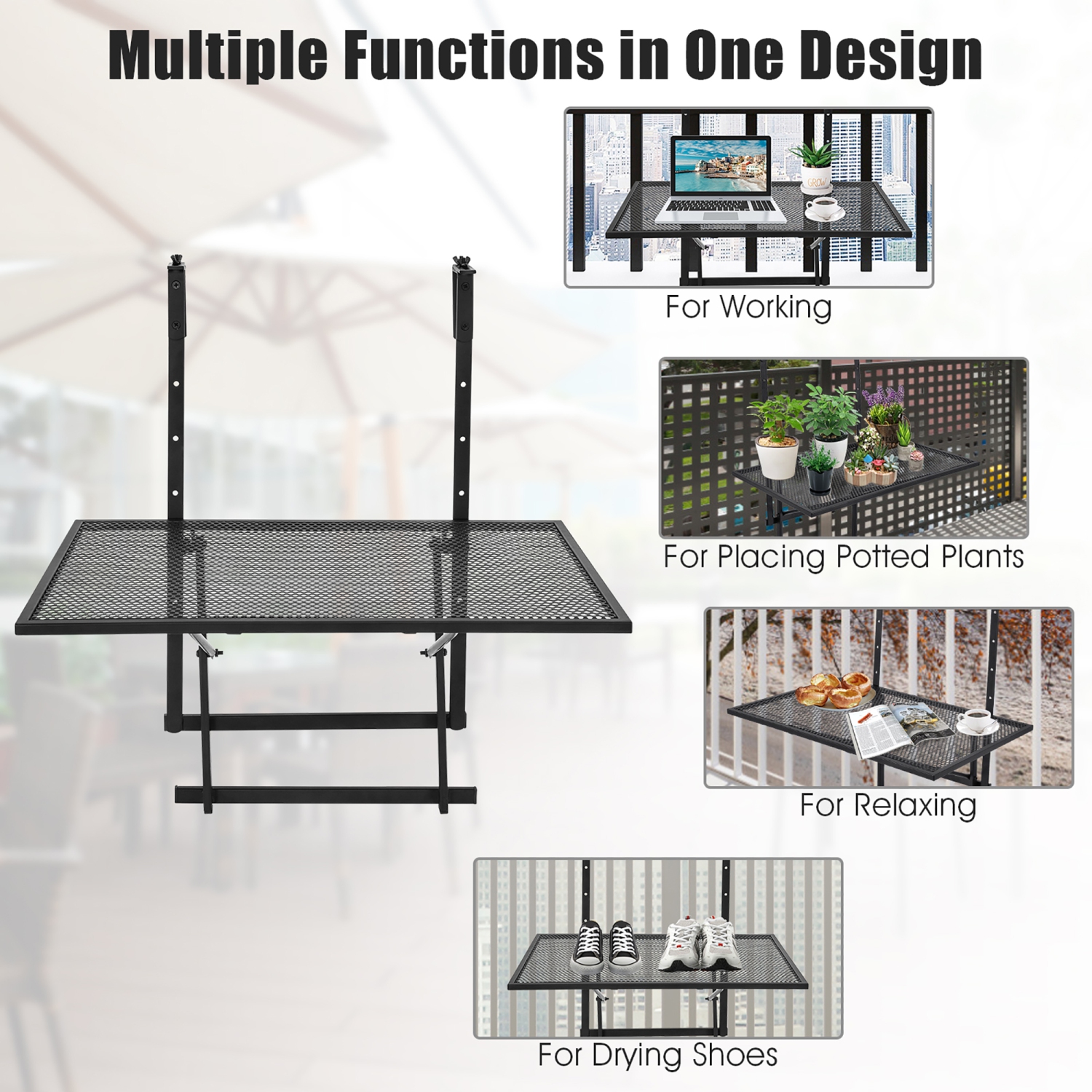 Costway Folding Hanging Table Adjustable Balcony Railing Table Patio Deck Black