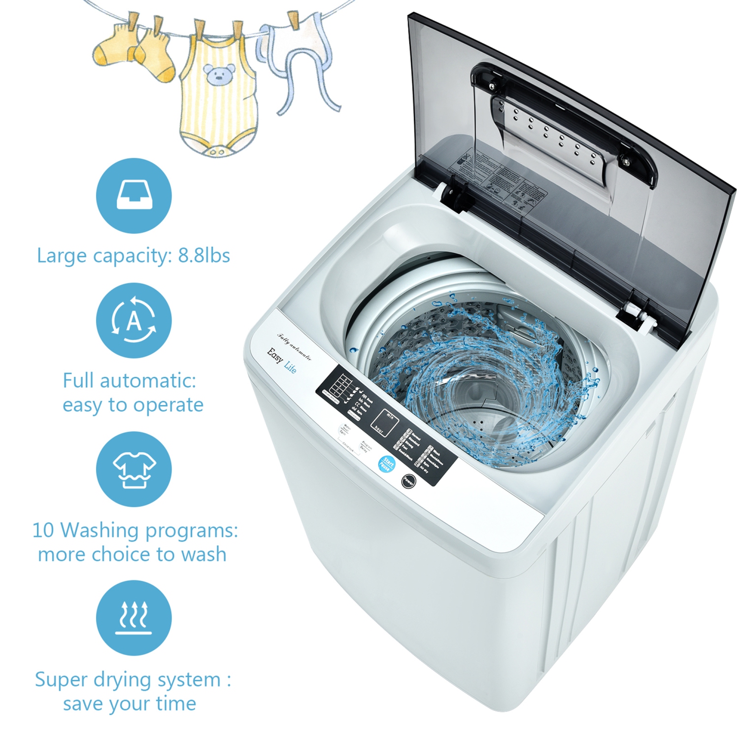 Gymax Full-Automatic Washing Machine Portable Compact Laundry Washer Spin 8.8 lbs