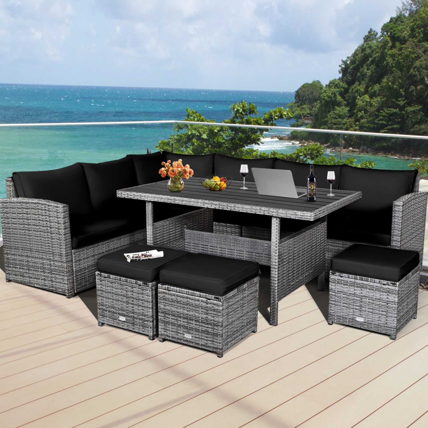 Gymax 7PCS Rattan Patio Sectional Sofa Set Conversation Set w/ Black Cushions