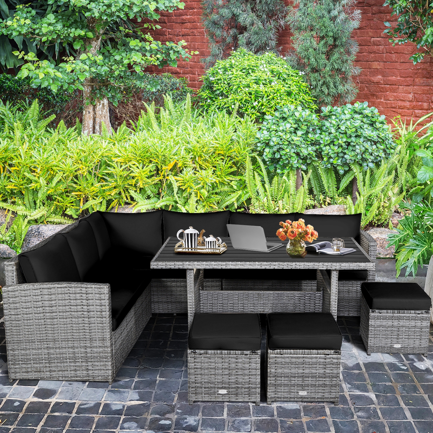 Gymax 7PCS Rattan Patio Sectional Sofa Set Conversation Set w/ Black Cushions