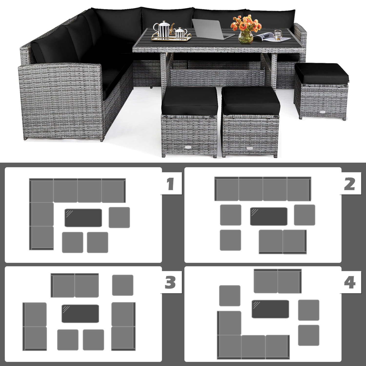 Gymax 7PCS Rattan Patio Sectional Sofa Set Conversation Set w/ Black Cushions