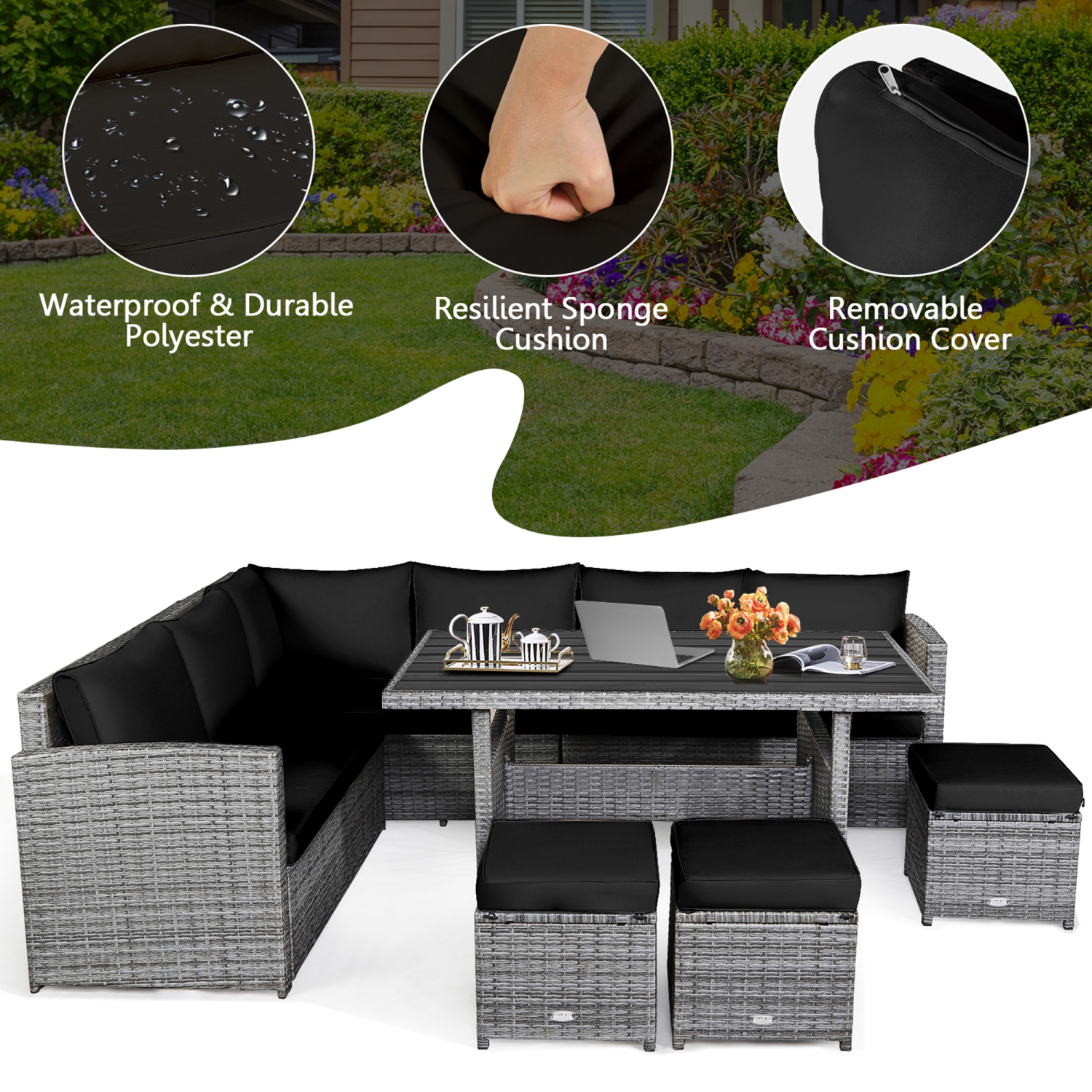 Gymax 7PCS Rattan Patio Sectional Sofa Set Conversation Set w/ Black Cushions