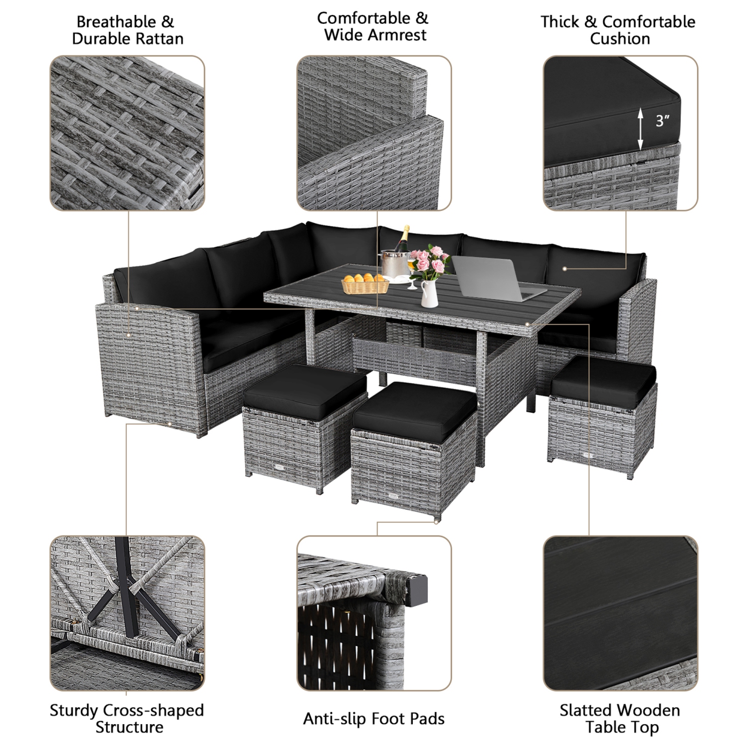 Gymax 7PCS Rattan Patio Sectional Sofa Set Conversation Set w/ Black Cushions