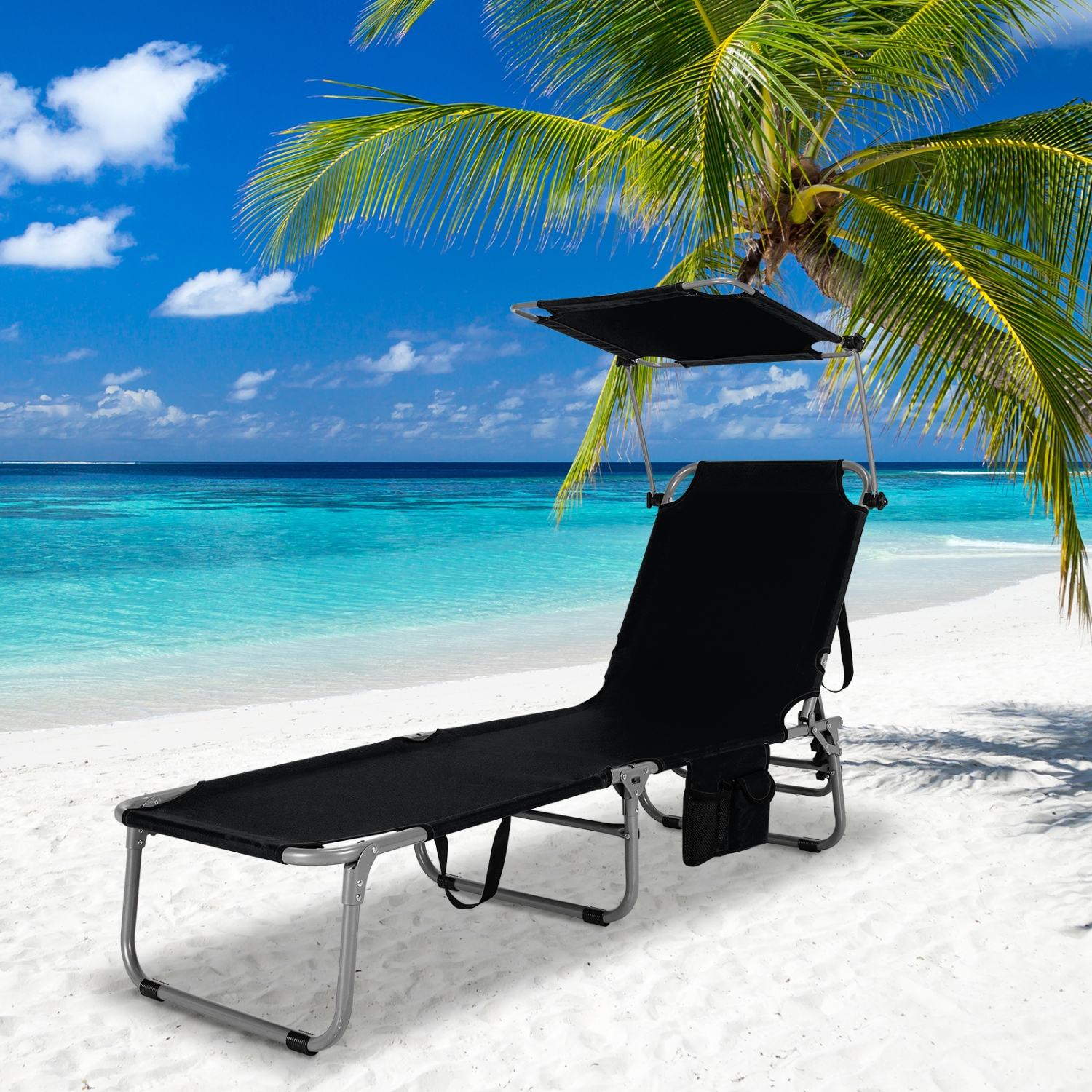 Gymax Foldable Lounge Chair Adjustable Outdoor Beach Patio Pool Recliner W/ Sun Shade